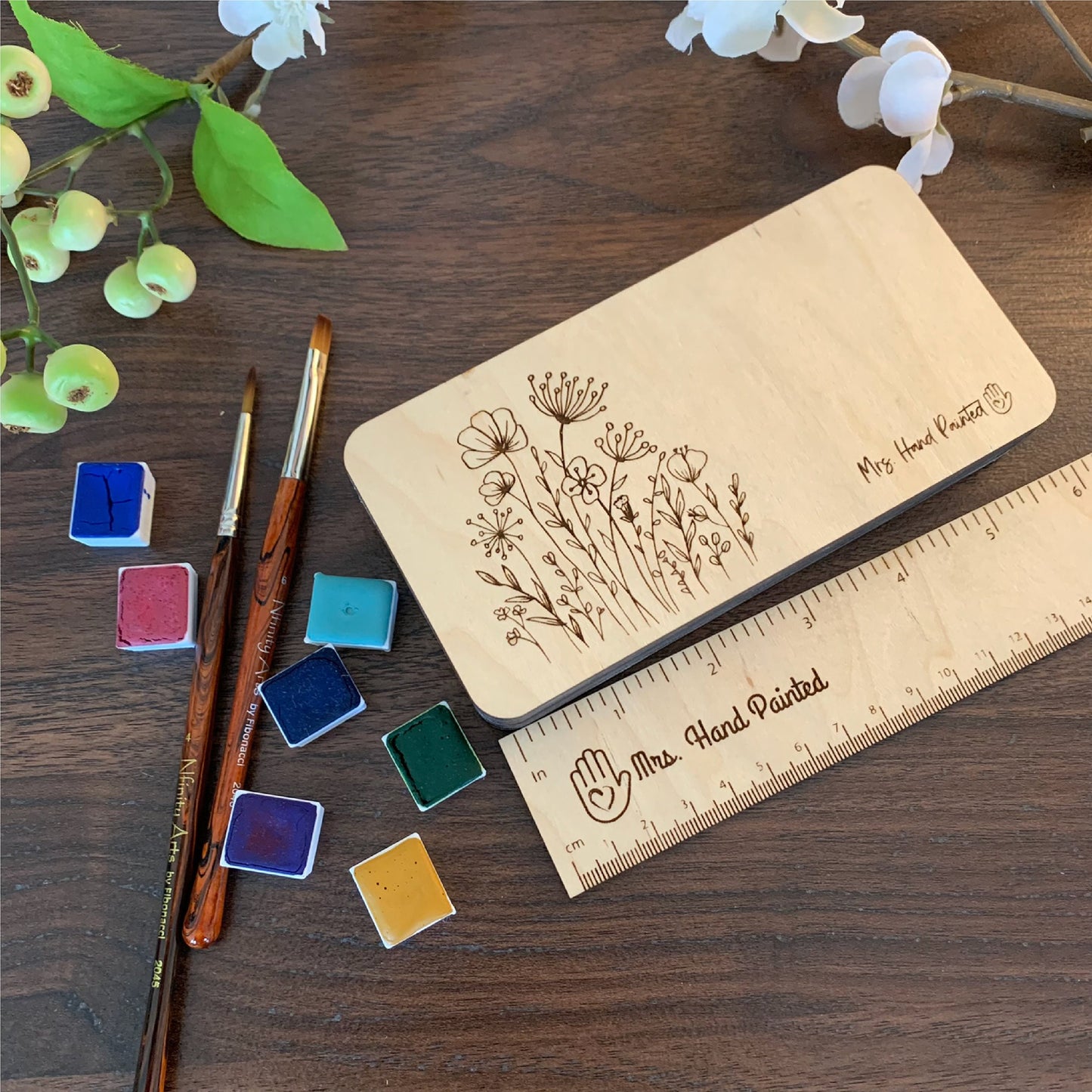 Custom Engraved Wood Watercolor Box with Hand Drawn Floral Doodle Design and Personalization