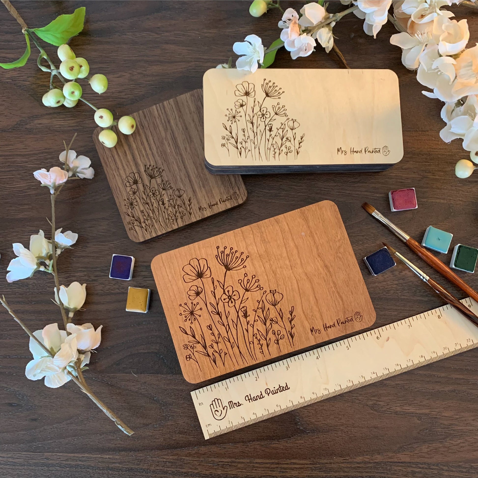 Custom Engraved Wood Watercolor Box with Hand Drawn Floral Doodle Design and Personalization