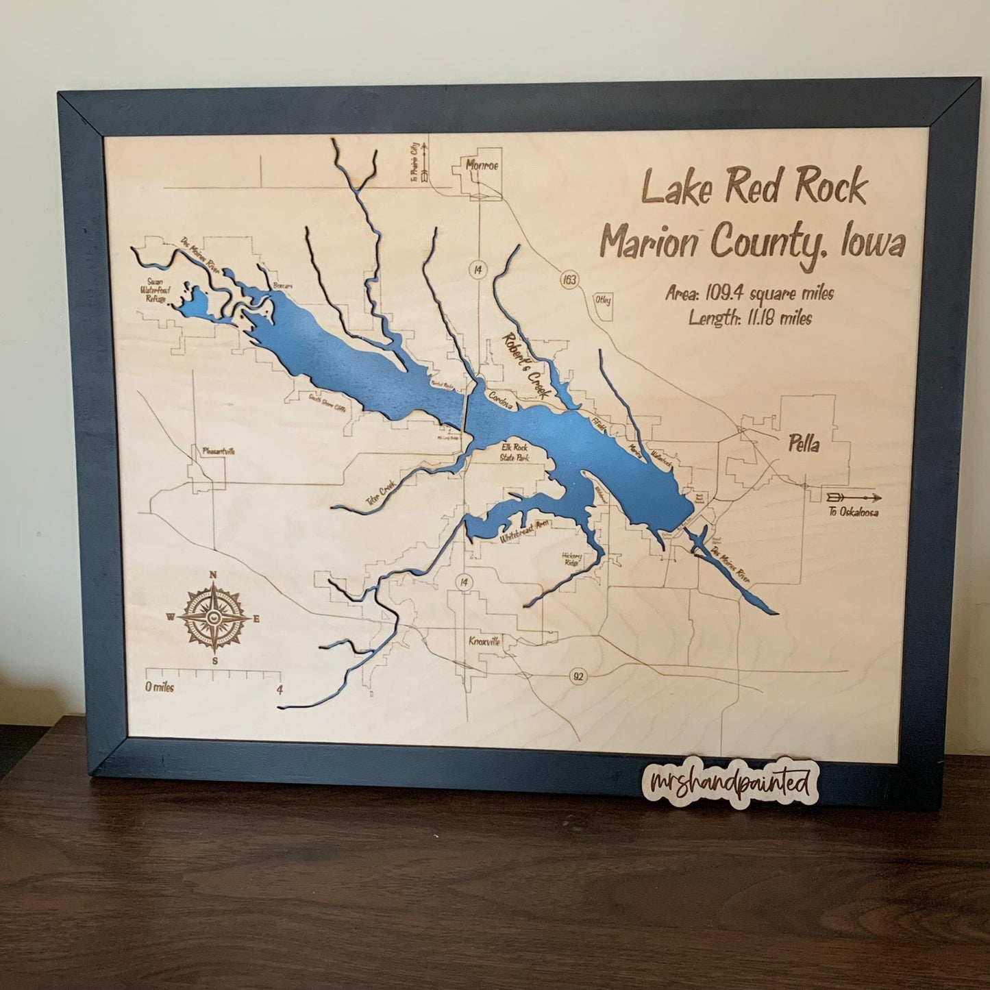 Laser Cut Engraved Wood Lake Map - Lake Red Rock - Marion County Iowa