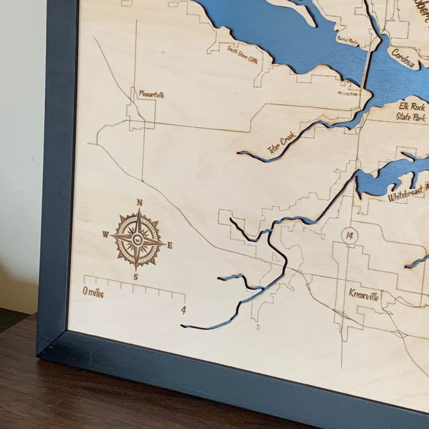 Laser Cut Engraved Wood Lake Map - Lake Red Rock - Marion County Iowa