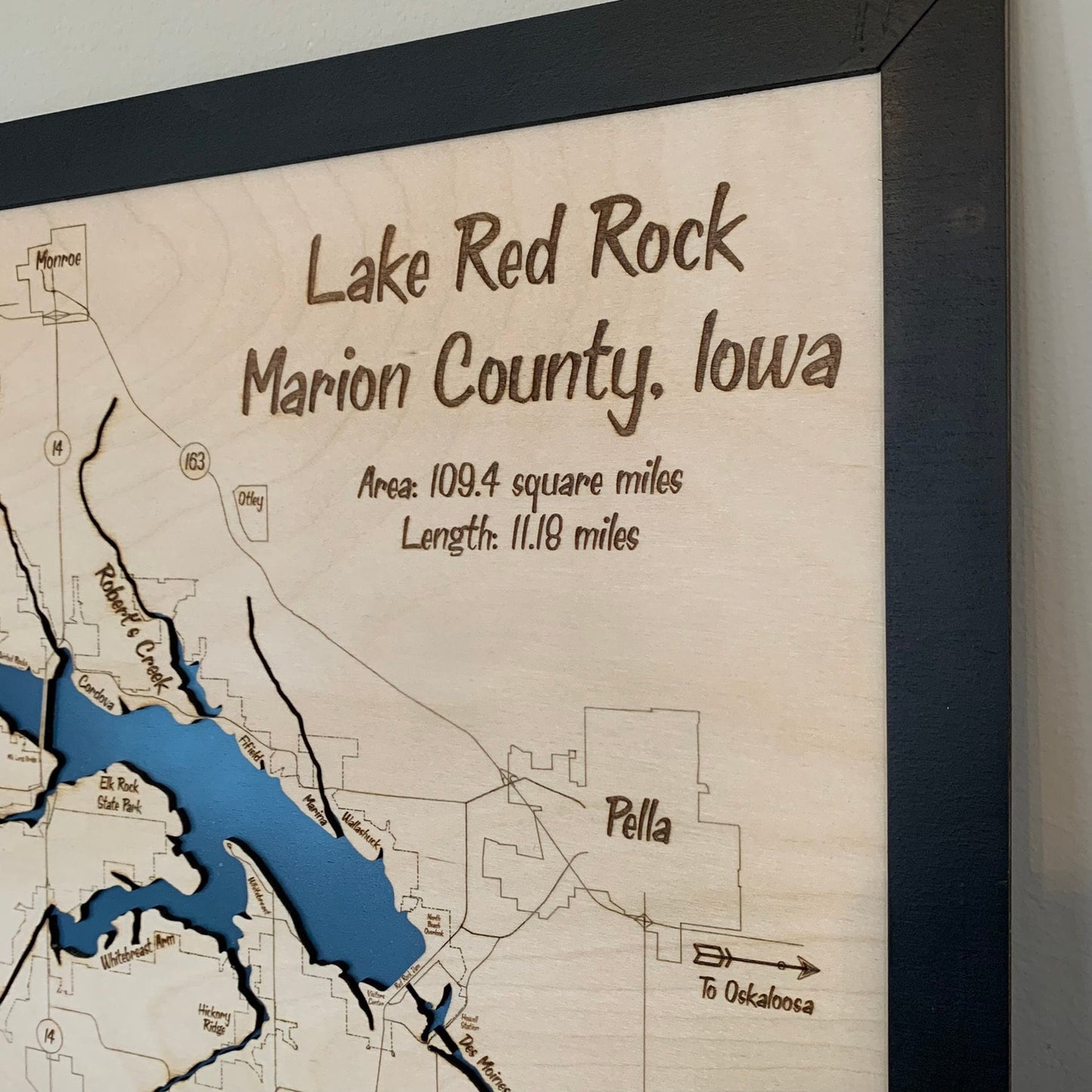 Laser Cut Engraved Wood Lake Map - Lake Red Rock - Marion County Iowa