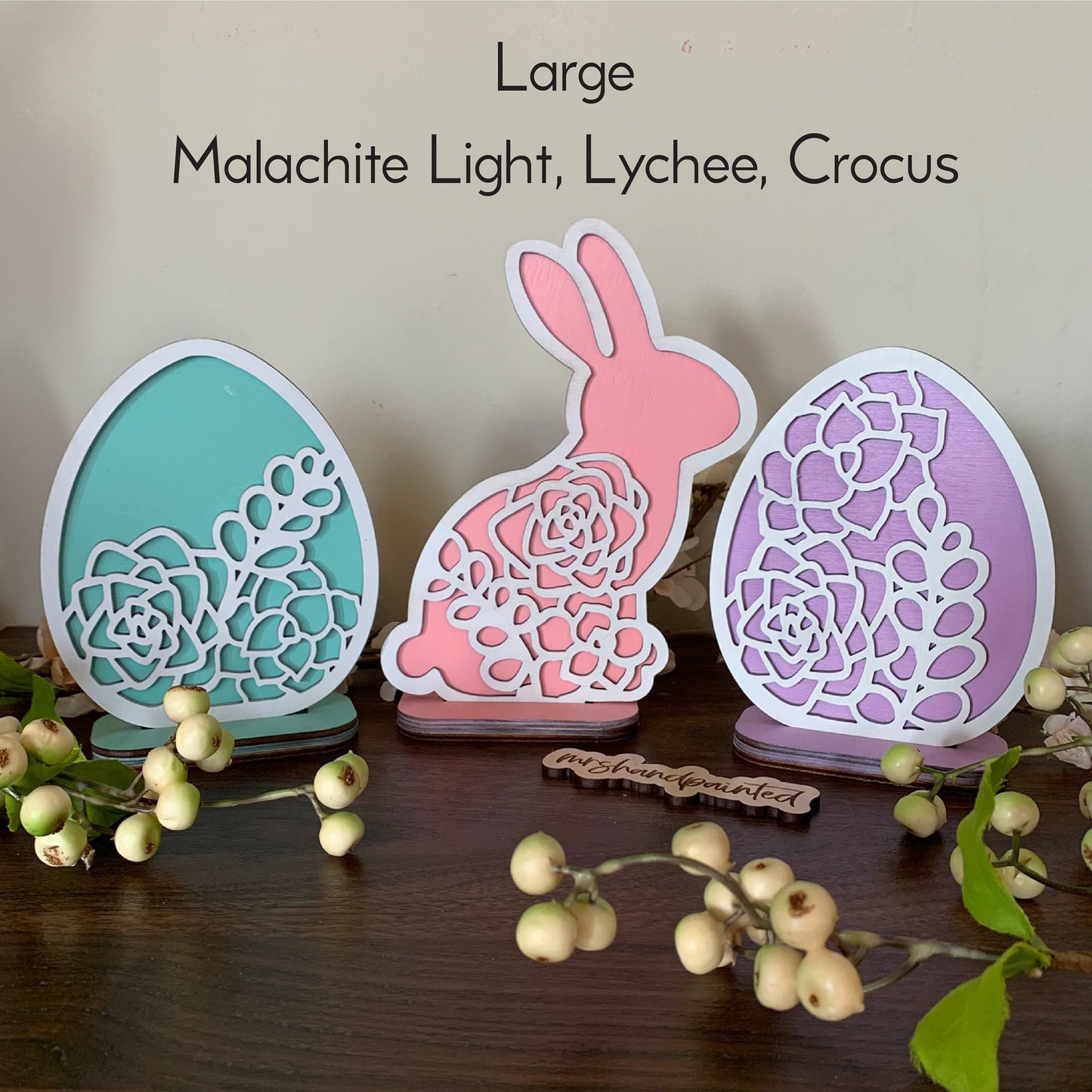 Layered Laser Cut Succulent Motif Easter Bunny and Eggs - Standing Shelf Sitter