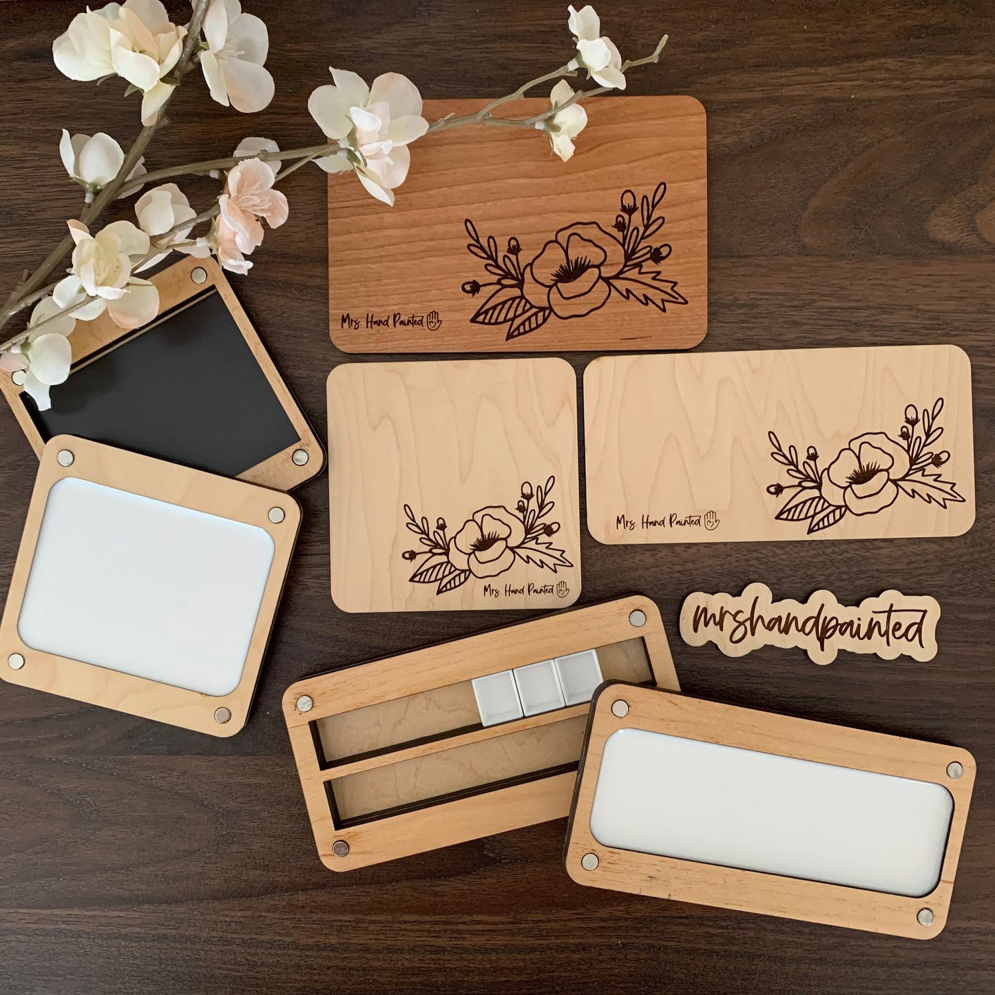 Hand Drawn Poppy Floral Engraved Wood Watercolor Box with Personalization
