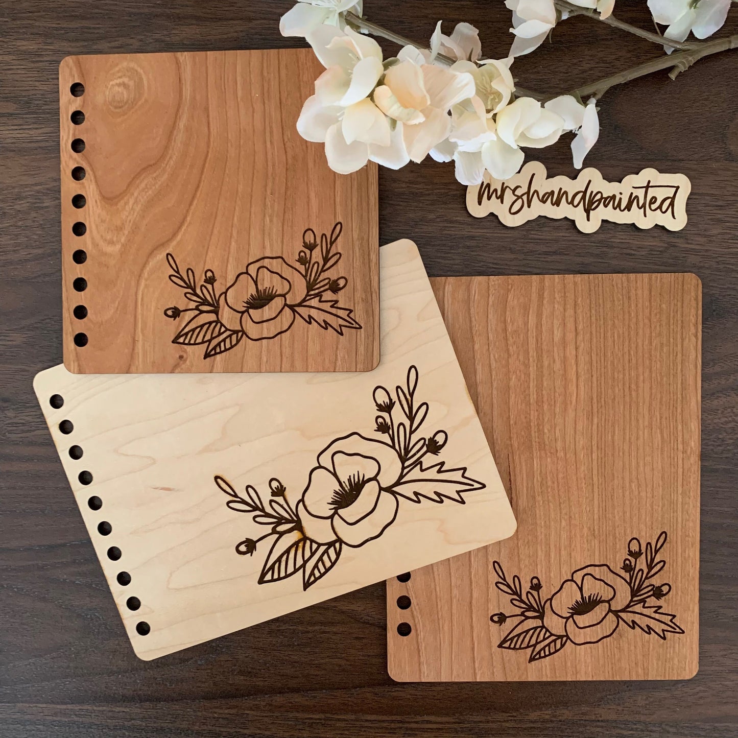 Custom Laser Engraved Wood Sketchbook - Poppy Floral Motif