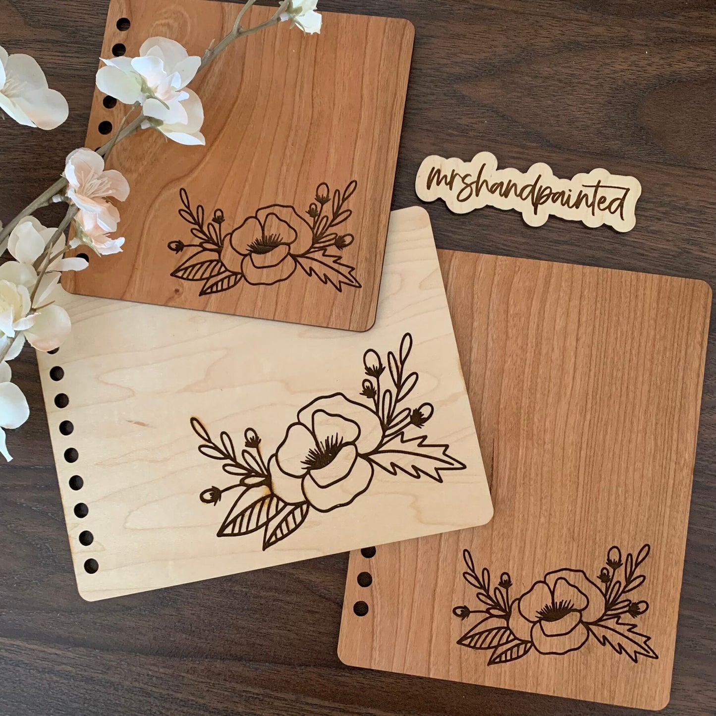 Custom Laser Engraved Wood Sketchbook - Poppy Floral Motif