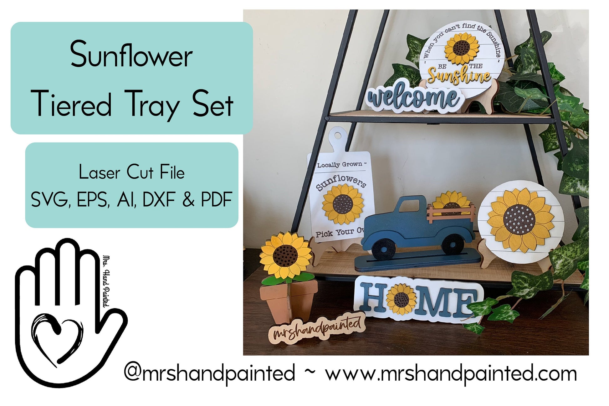 Laser Cut File - Farmhouse Sunflower Tiered Tray Pieces - Digital Download SVG, DXF, AI files