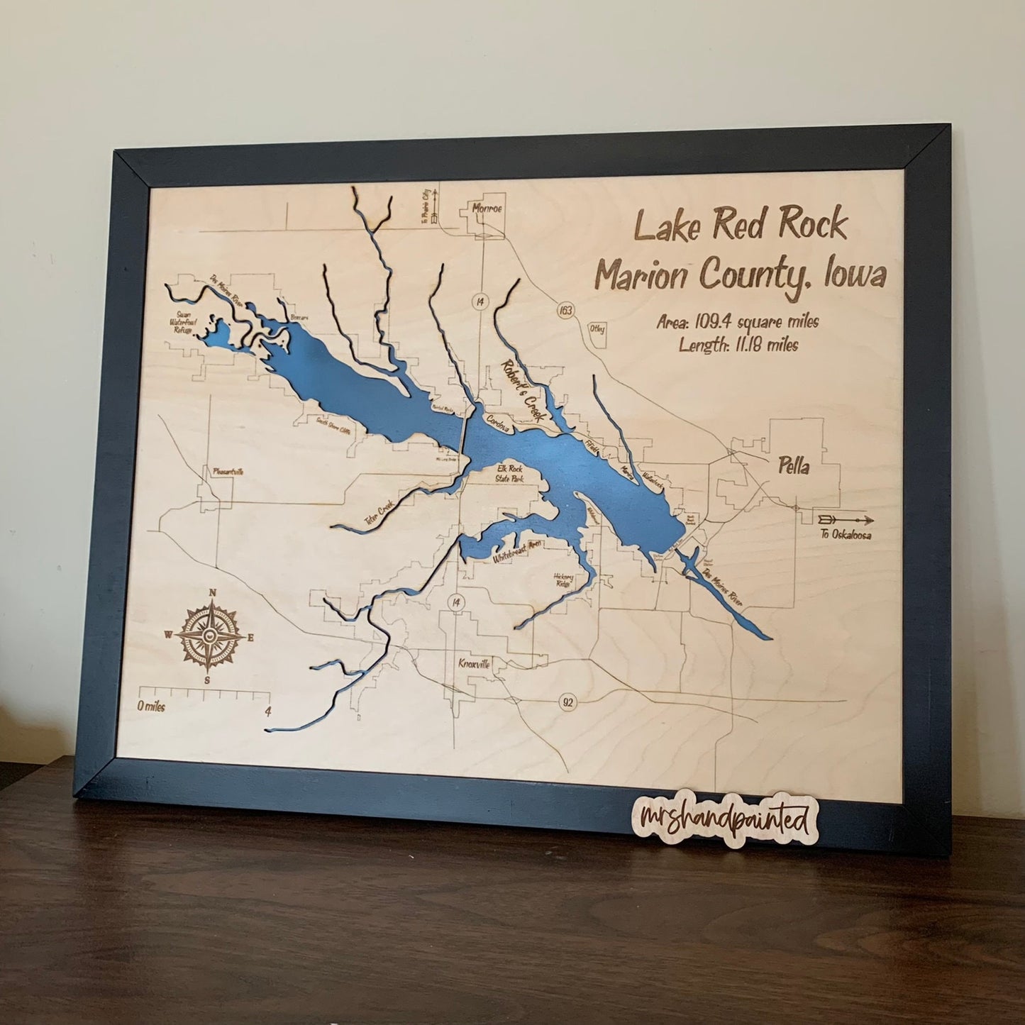 Laser Cut Engraved Wood Lake Map - Lake Red Rock - Marion County Iowa