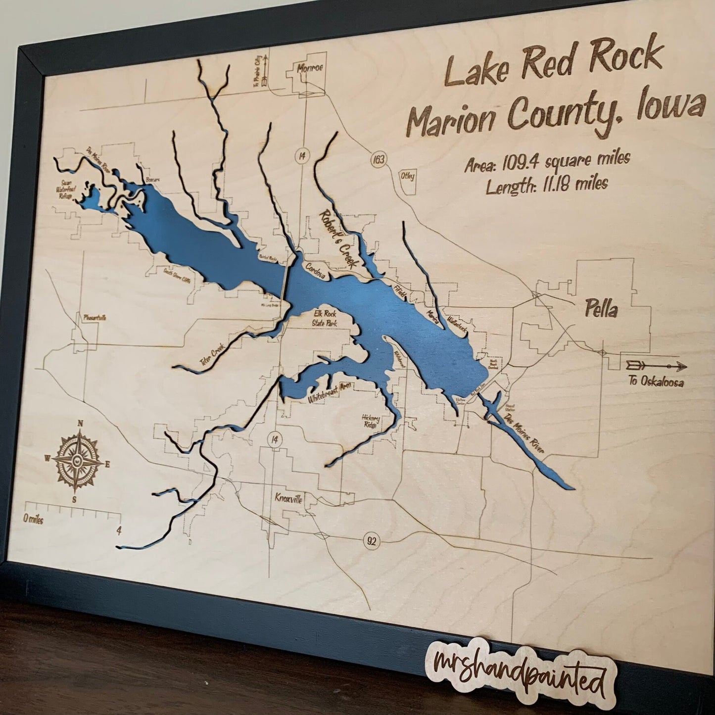 Laser Cut Engraved Wood Lake Map - Lake Red Rock - Marion County Iowa