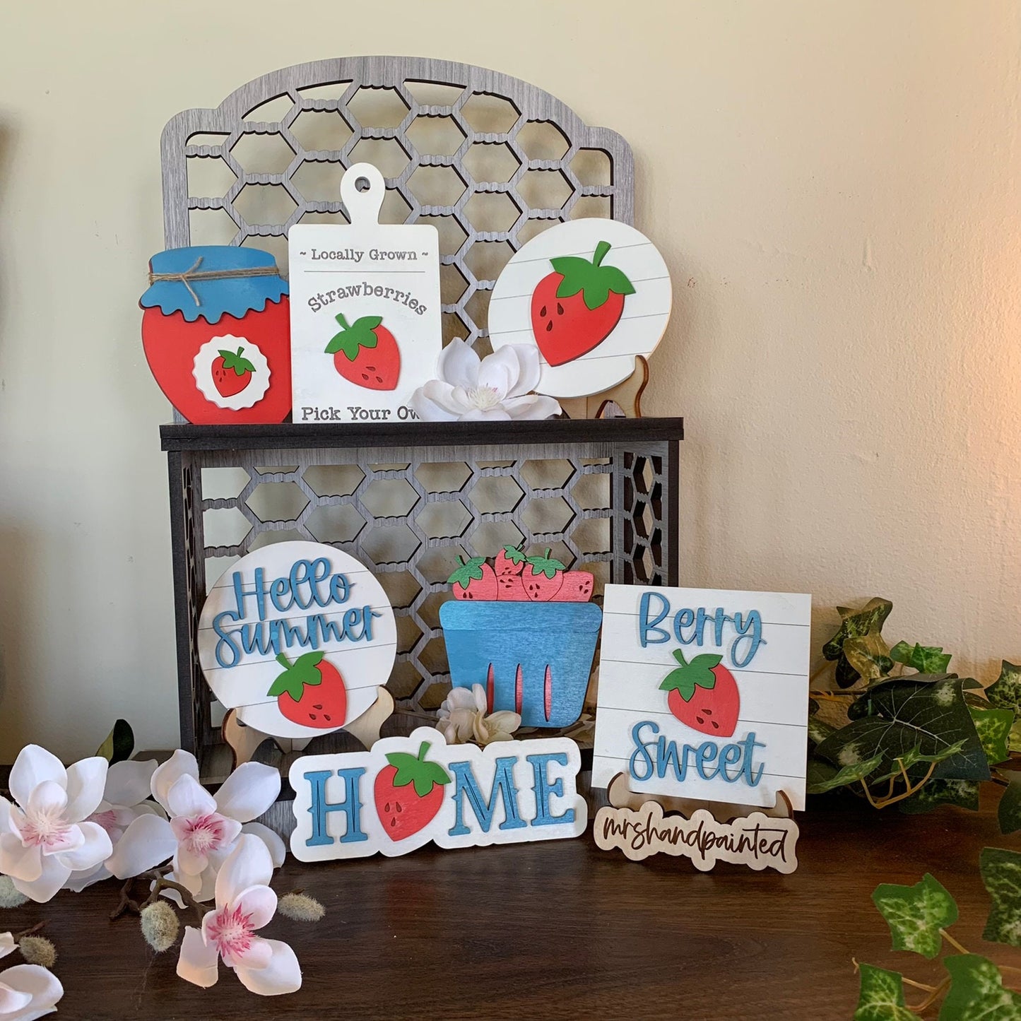 Strawberries Tiered Tray Decor - Laser Cut Wood Painted