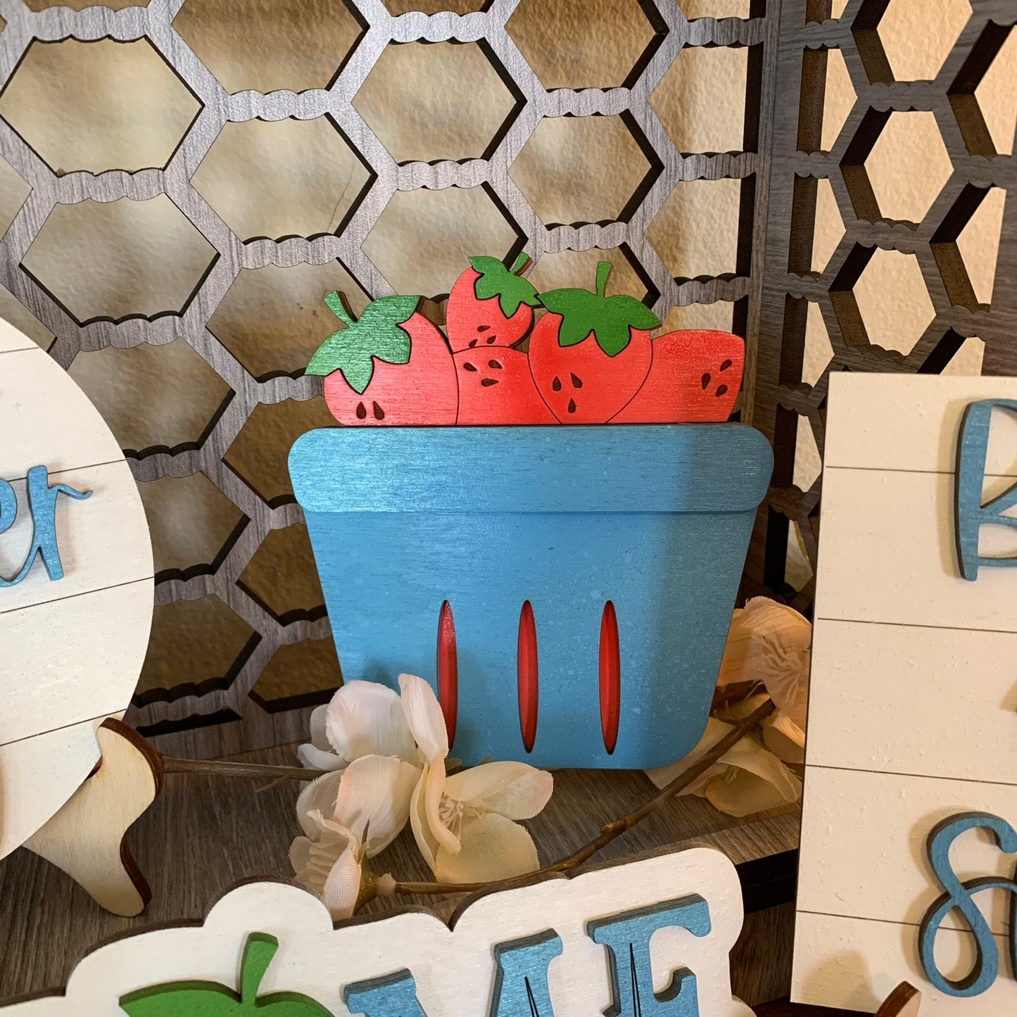 Strawberries Tiered Tray Decor - Laser Cut Wood Painted