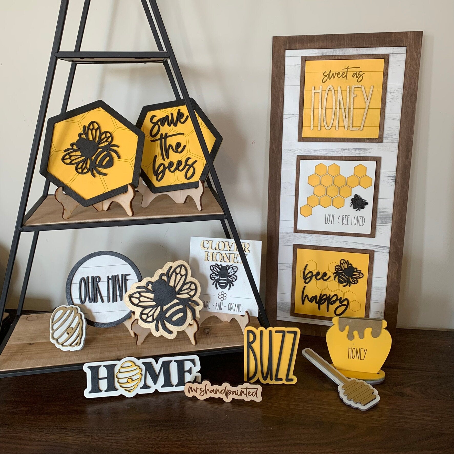 Honey Bees Tiered Tray Decor - Laser Cut Wood Painted
