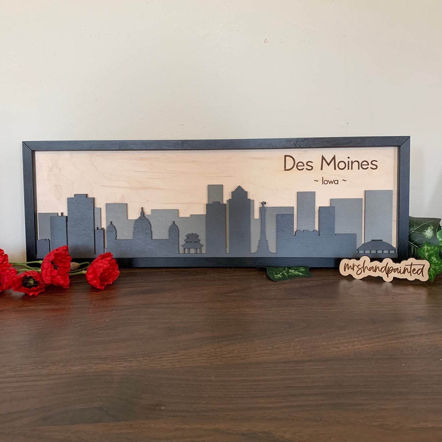 Des Moines, Iowa - City Skyline Layered Sign - Laser Cut Wood Wall Hanging