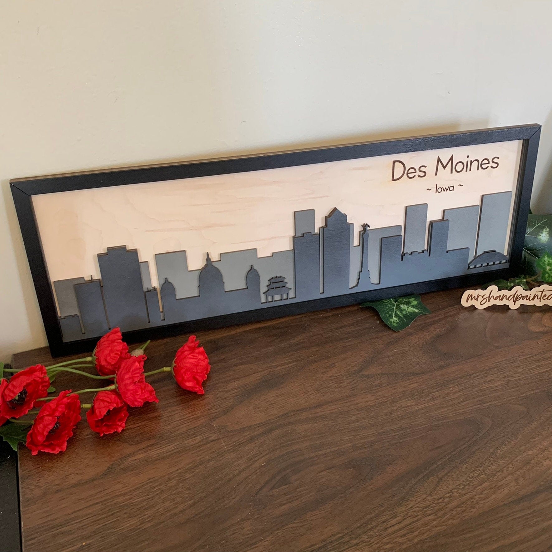 Des Moines, Iowa - City Skyline Layered Sign - Laser Cut Wood Wall Hanging