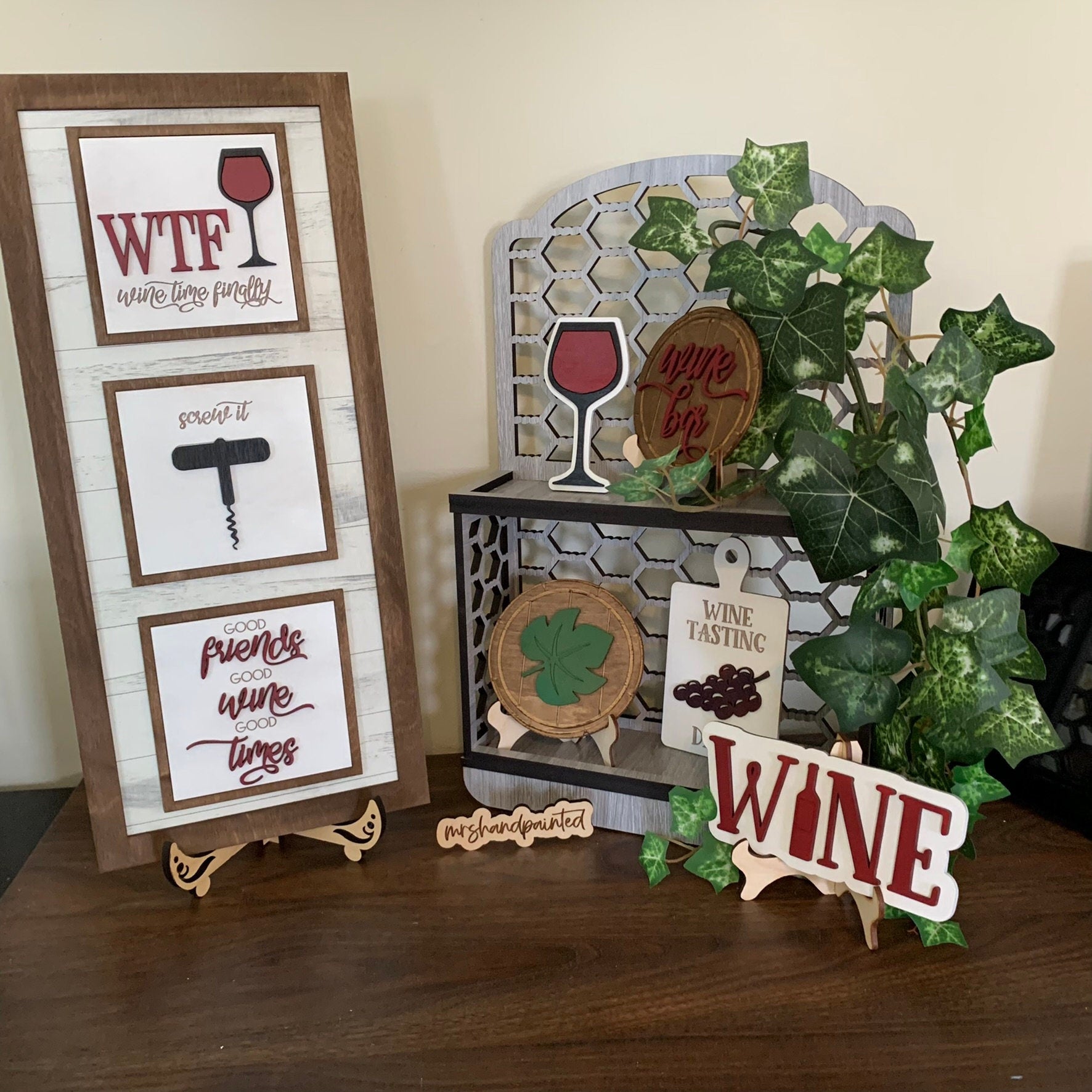 Wine Theme Tiered Tray Decor - Laser Cut Wood Painted