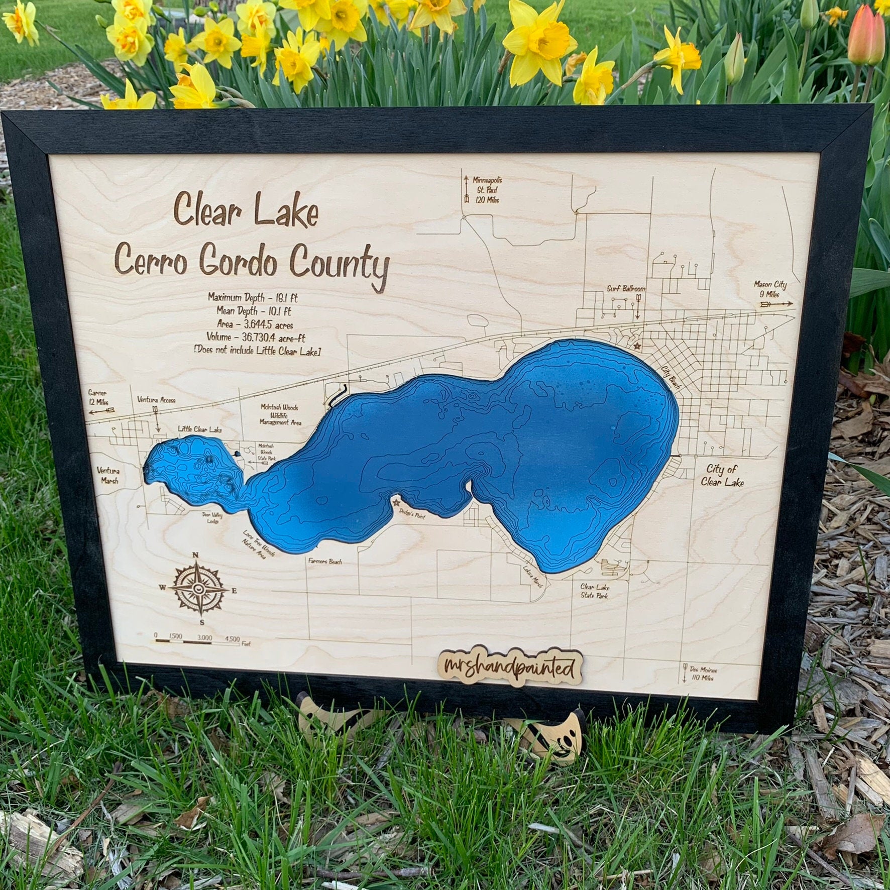 Laser Cut Engraved Wood Lake Map - Clear Lake - Cerro Gordo County Iowa