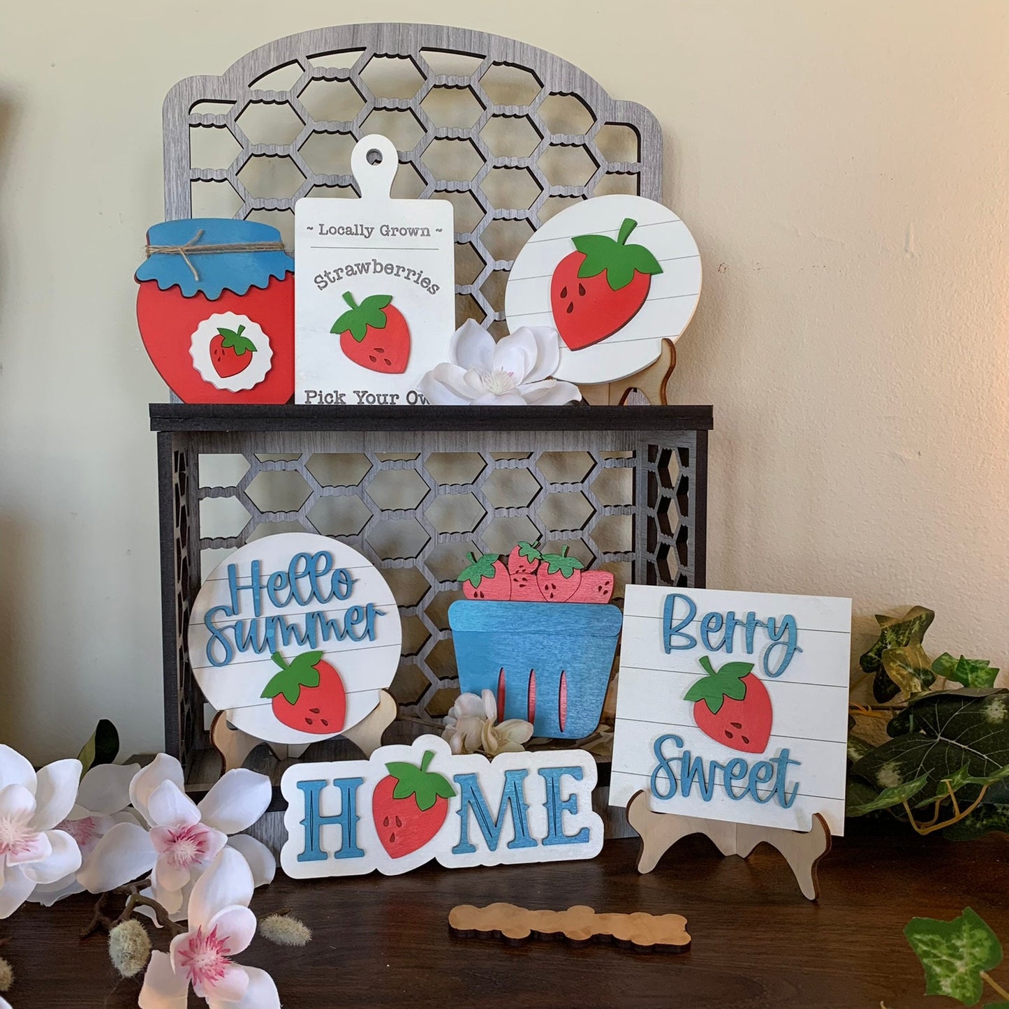 Strawberries Tiered Tray Decor - Laser Cut Wood Painted