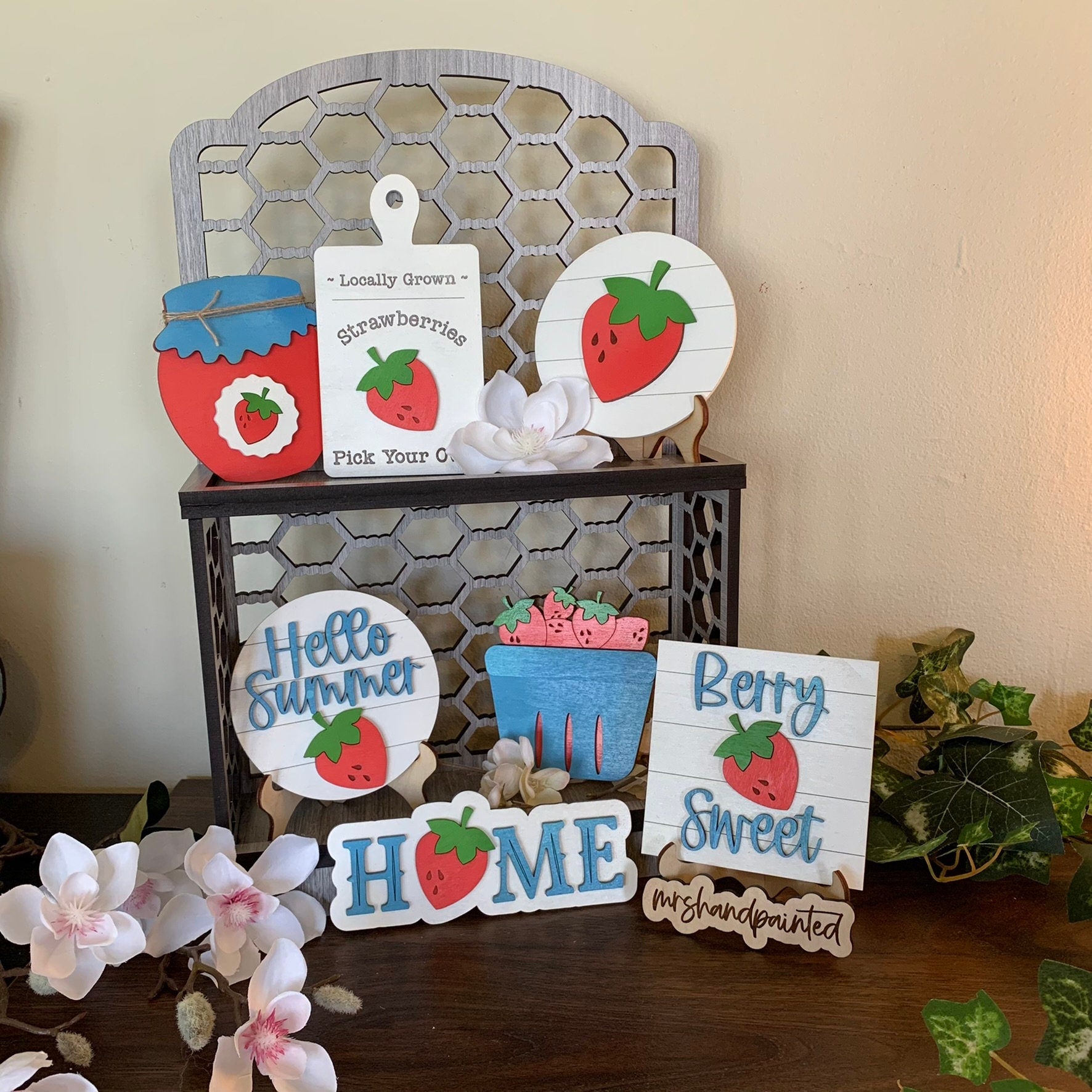 Strawberries Tiered Tray Decor - Laser Cut Wood Painted