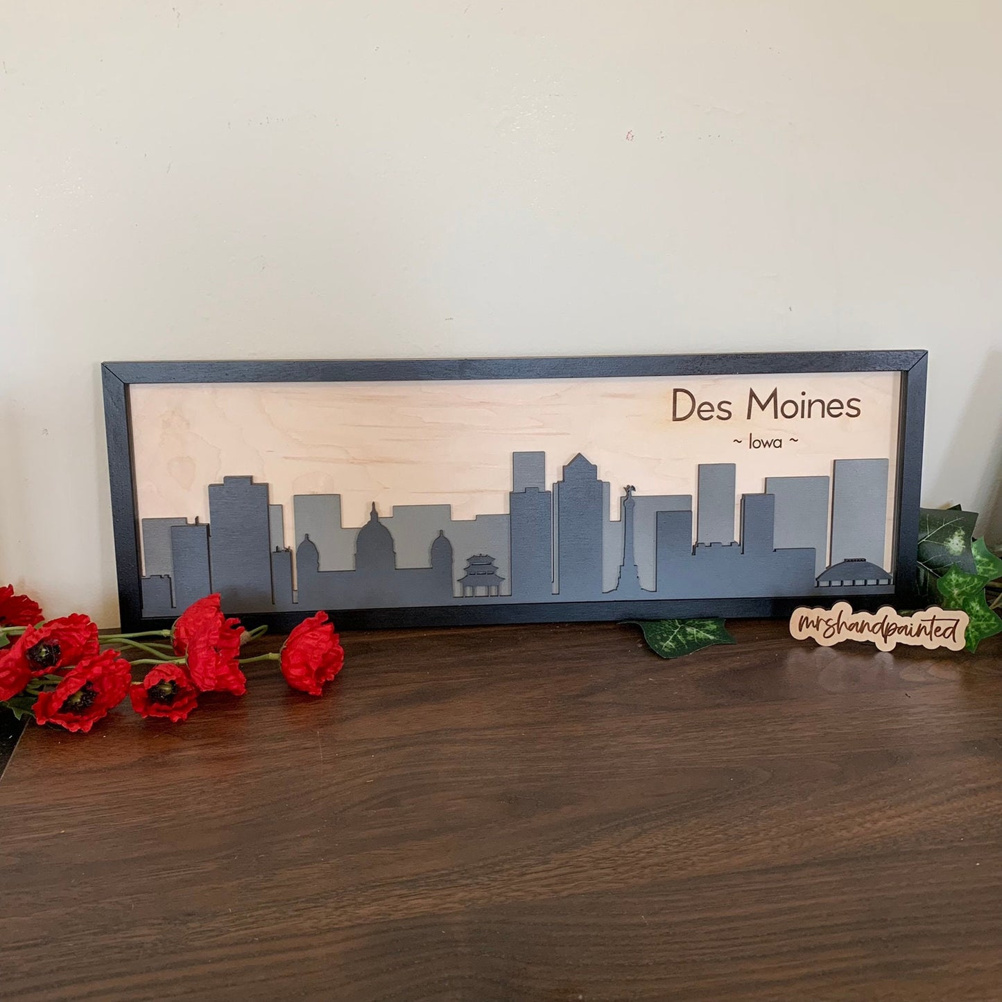 Des Moines, Iowa - City Skyline Layered Sign - Laser Cut Wood Wall Hanging