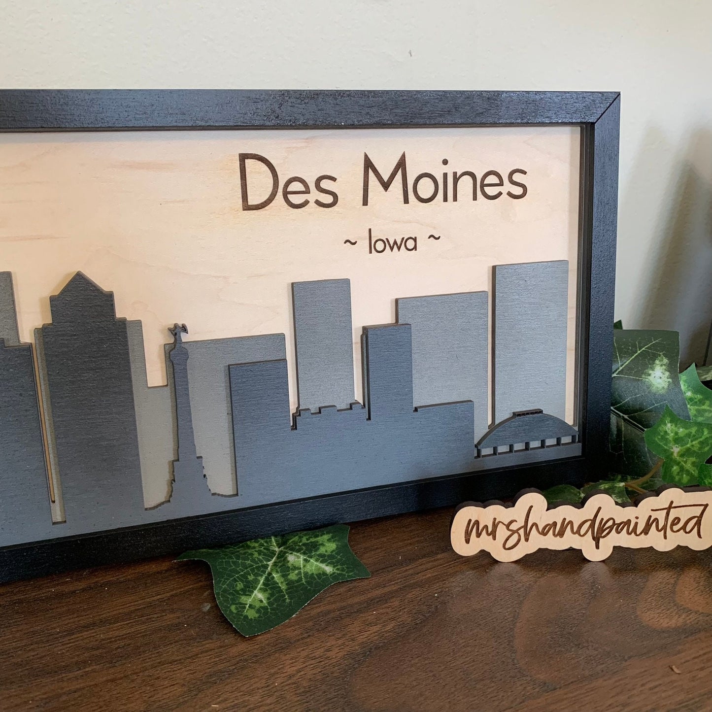 Des Moines, Iowa - City Skyline Layered Sign - Laser Cut Wood Wall Hanging