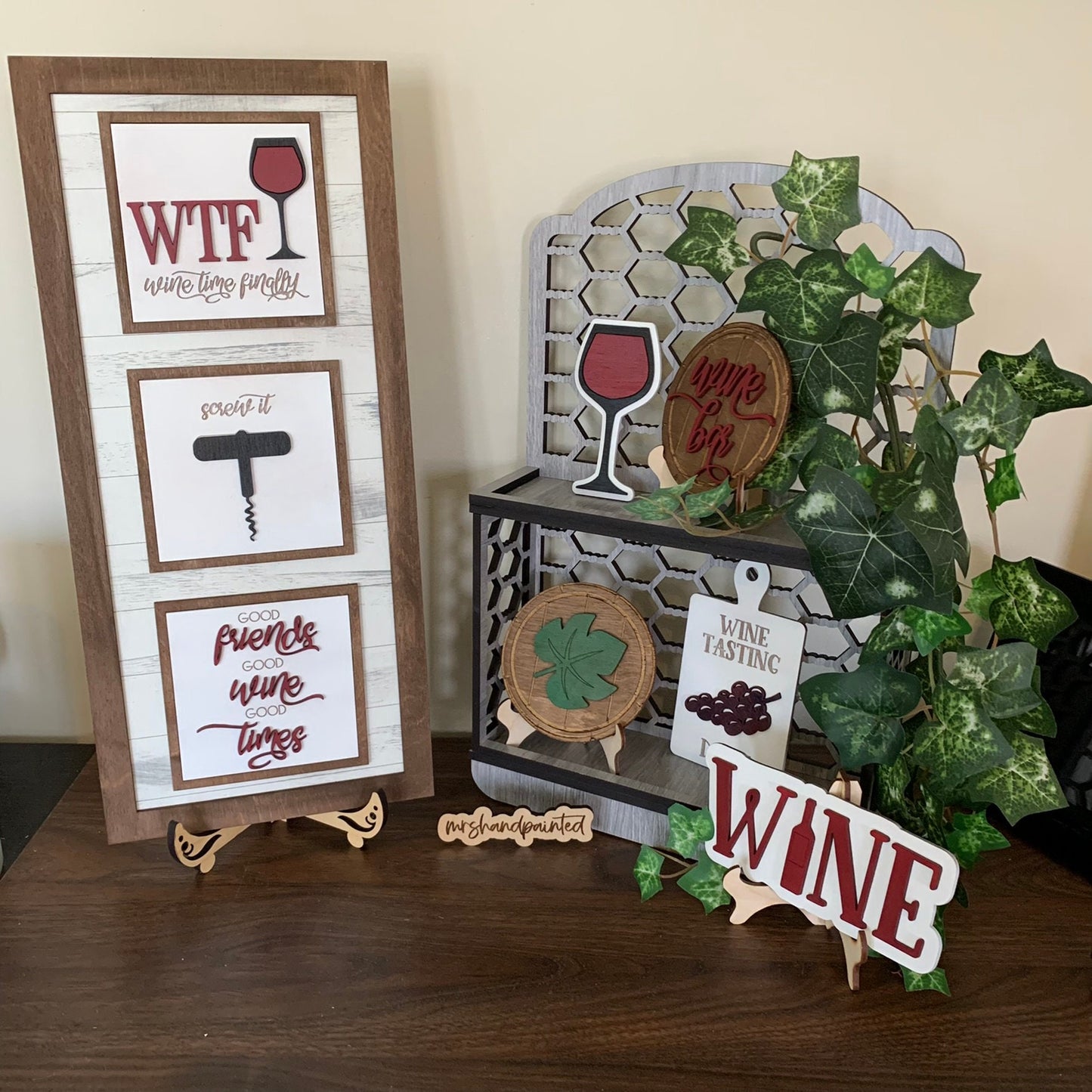 Wine Theme Tiered Tray Decor - Laser Cut Wood Painted