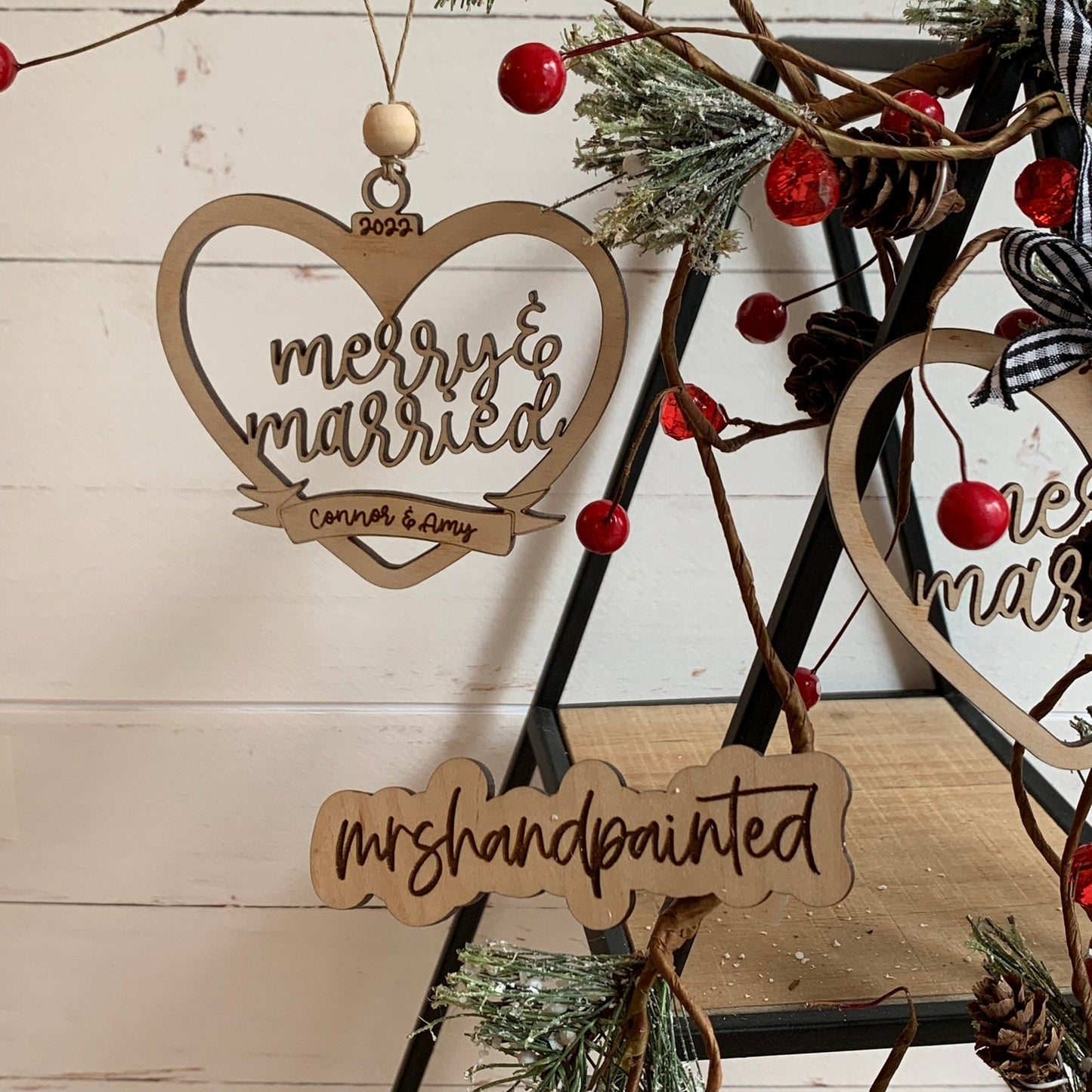 Laser Cut Wood Merry & Married Christmas Ornament