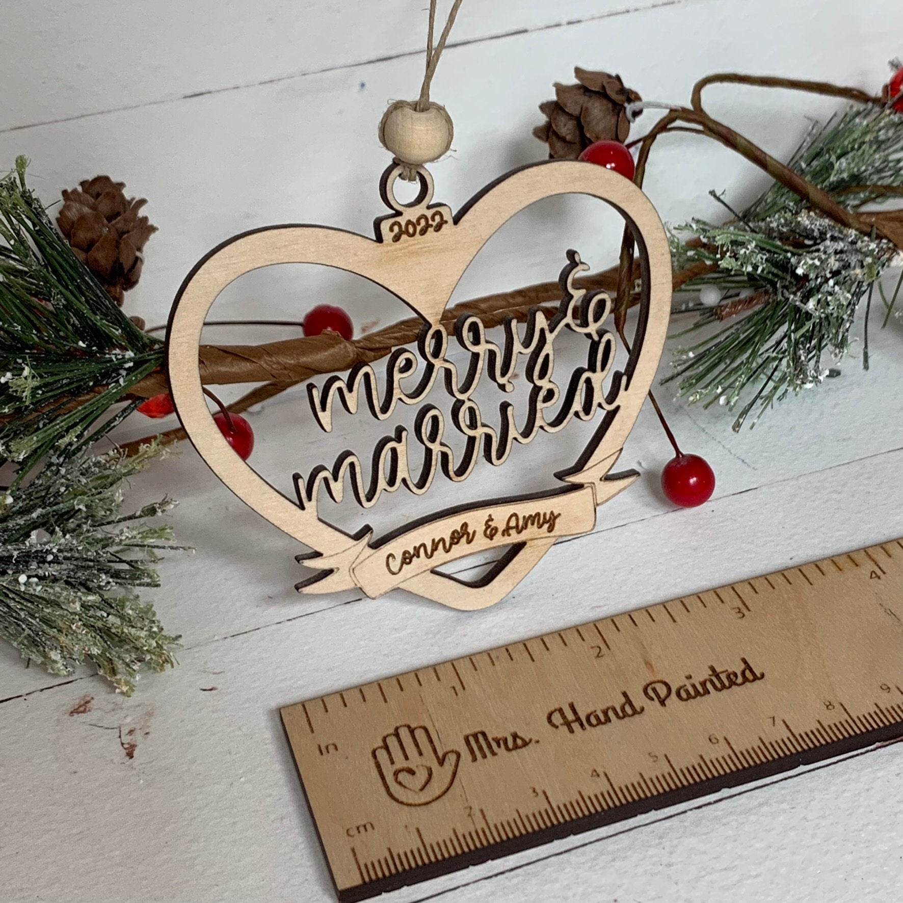 Laser Cut Wood Merry & Married Christmas Ornament