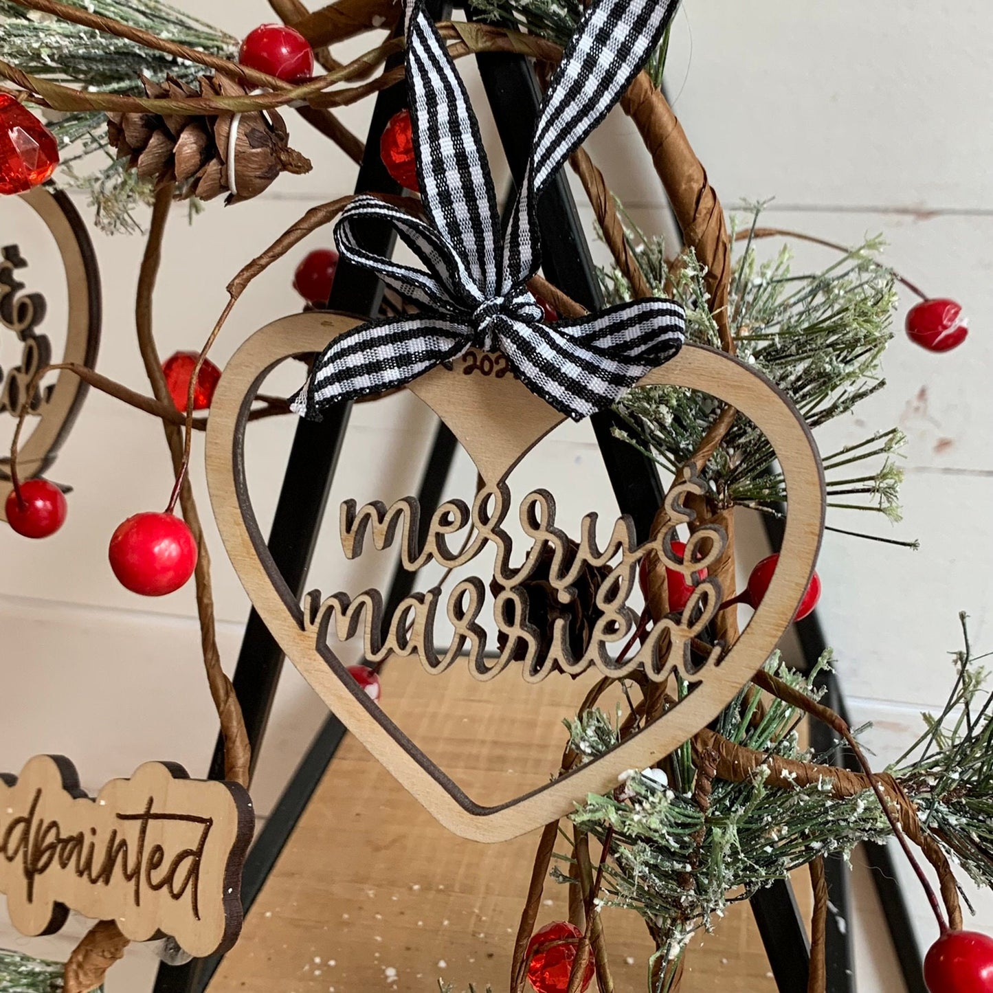 Laser Cut Wood Merry & Married Christmas Ornament