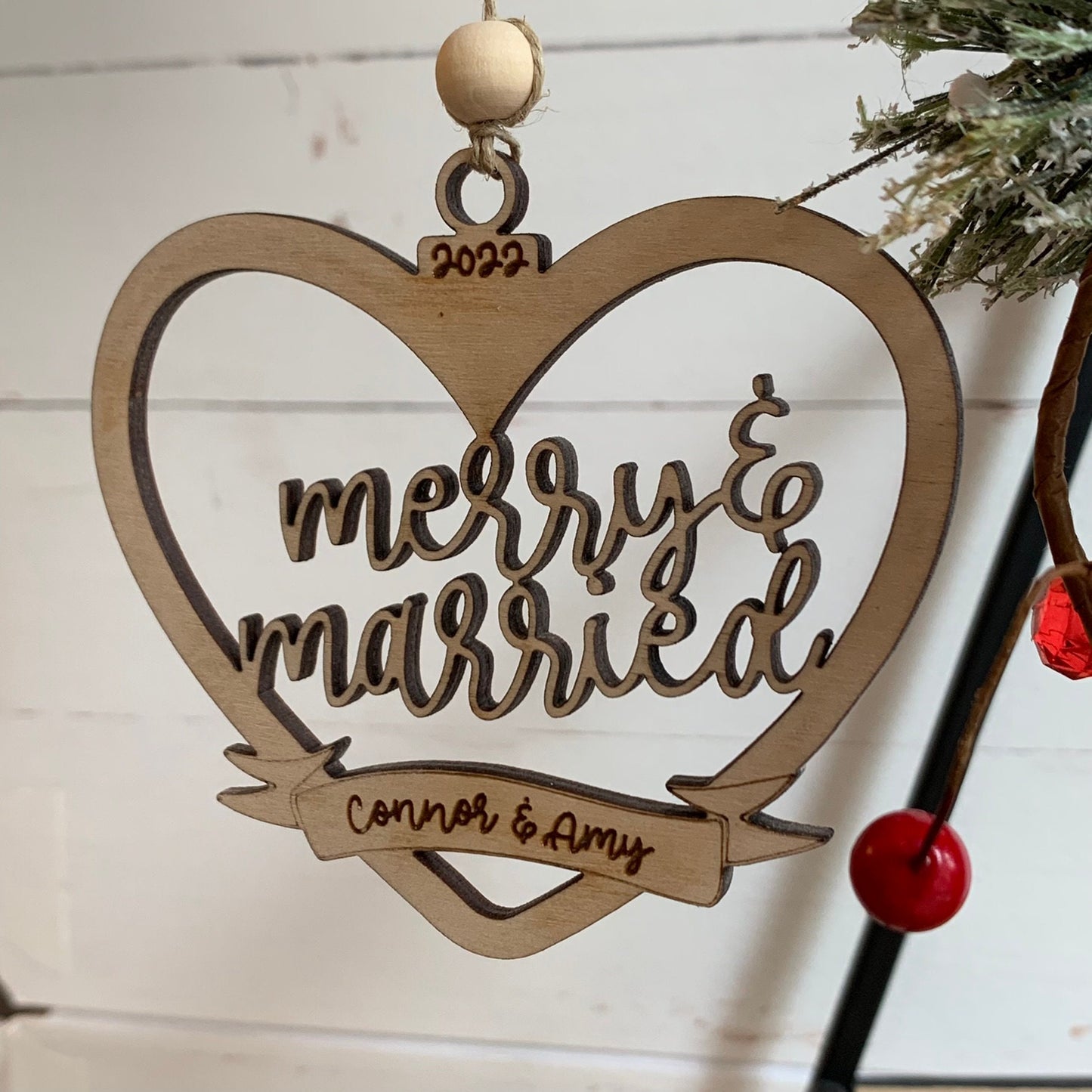 Laser Cut Wood Merry & Married Christmas Ornament