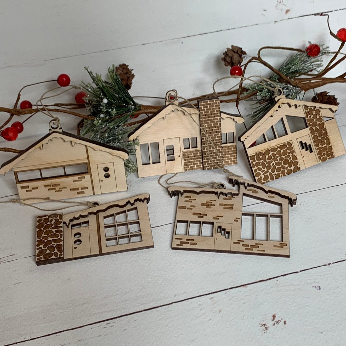 Retro Putz House Ornaments - Laser Cut and Engraved Wood