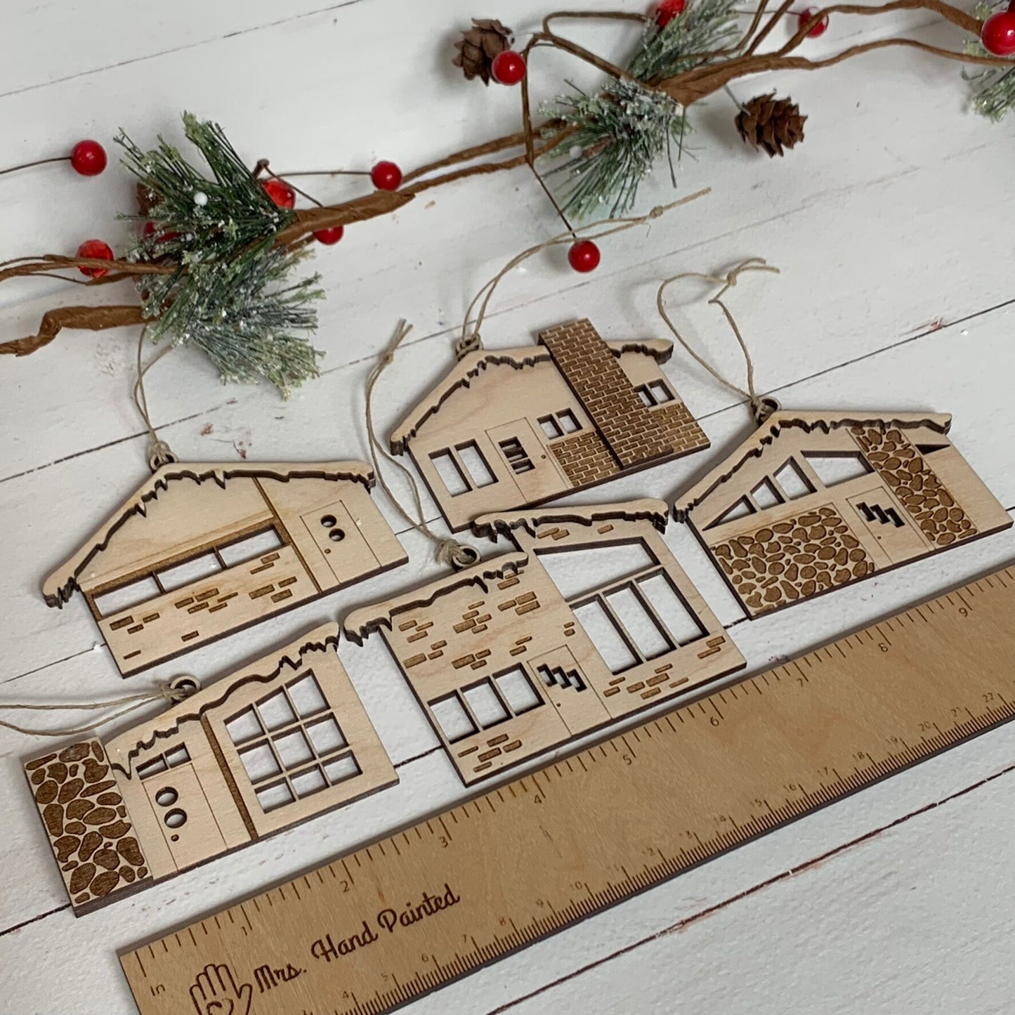 Retro Putz House Ornaments - Laser Cut and Engraved Wood