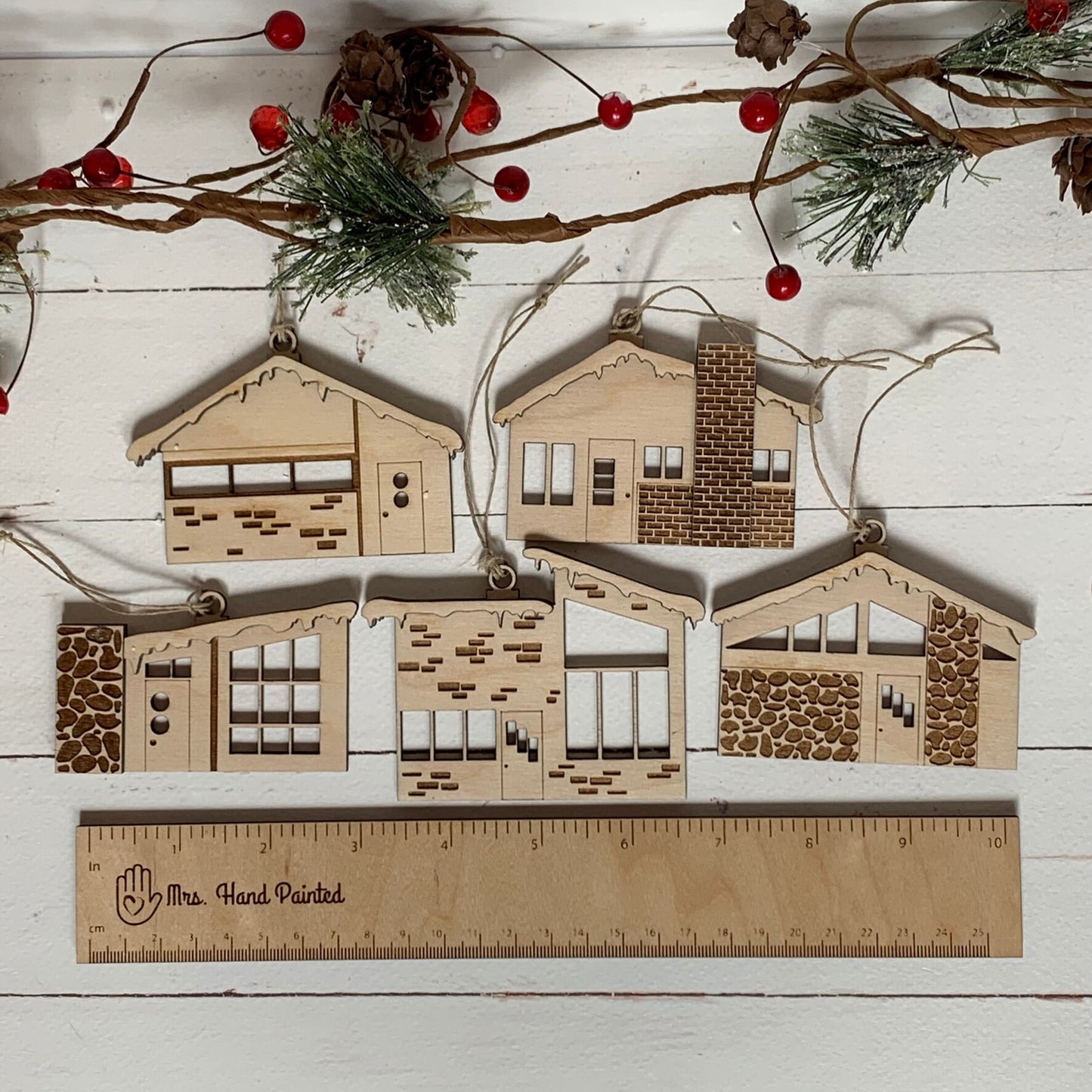 Retro Putz House Ornaments - Laser Cut and Engraved Wood