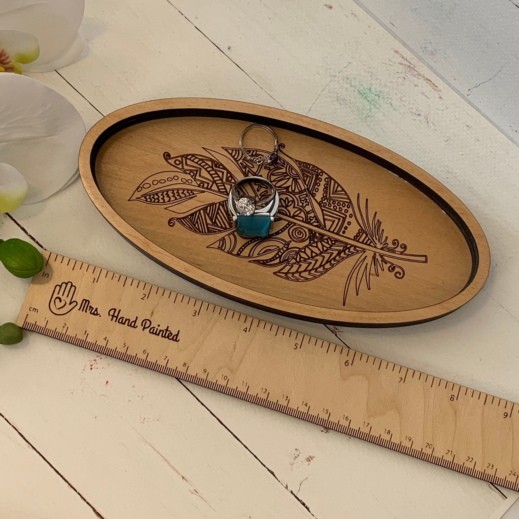 Laser Engraved Wood Boho Feather Oval Shaped Trinket Tray - Valet Tray / Ring Dish