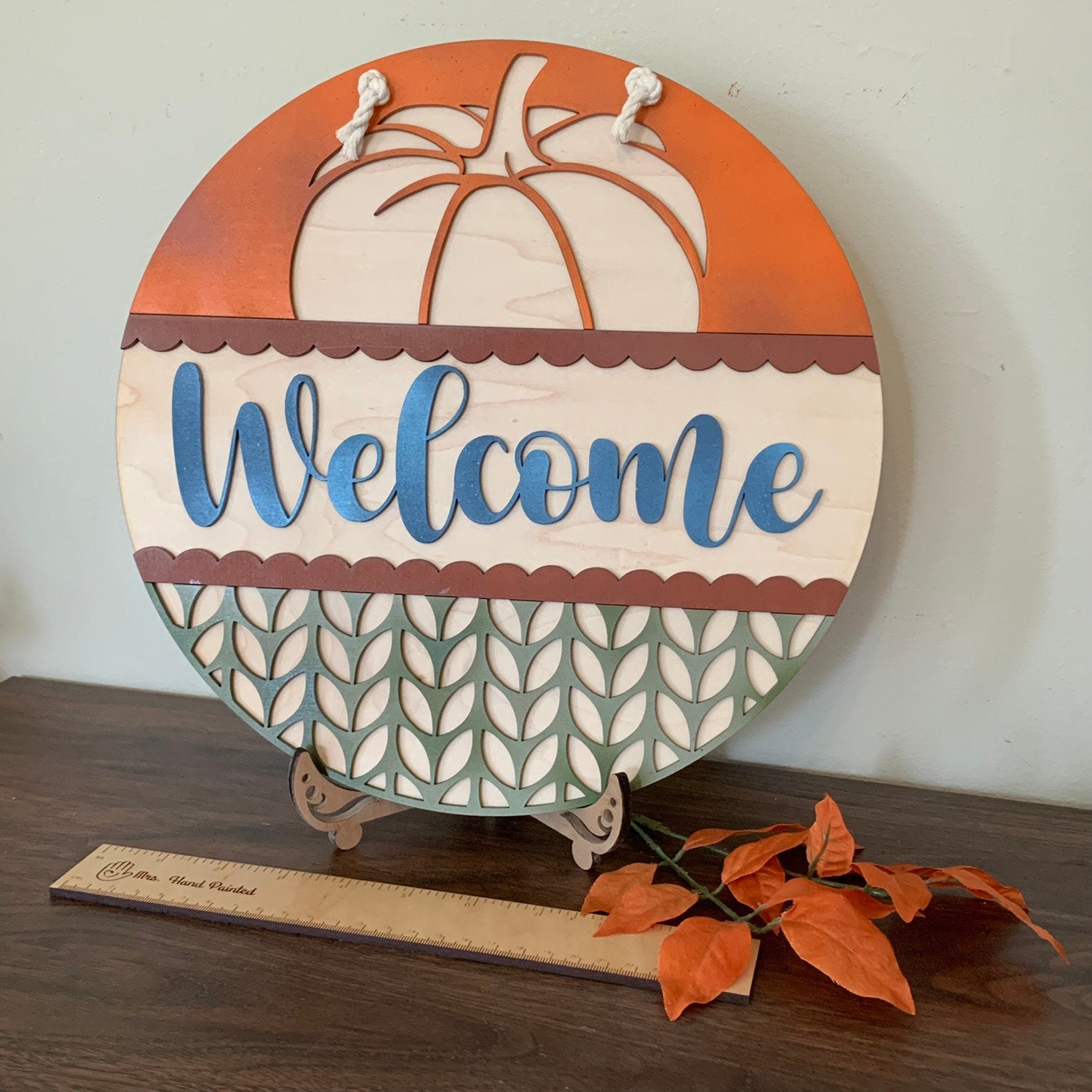 Laser Cut Wood Welcome with Pumpkin Door Hanger Sign