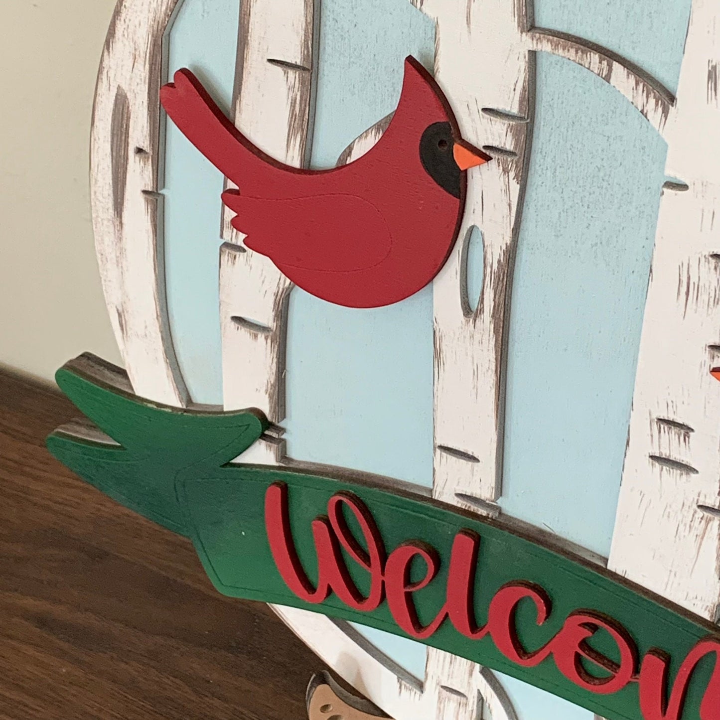 Laser Cut Wood Cardinal in Birch Trees Door Hanger Sign