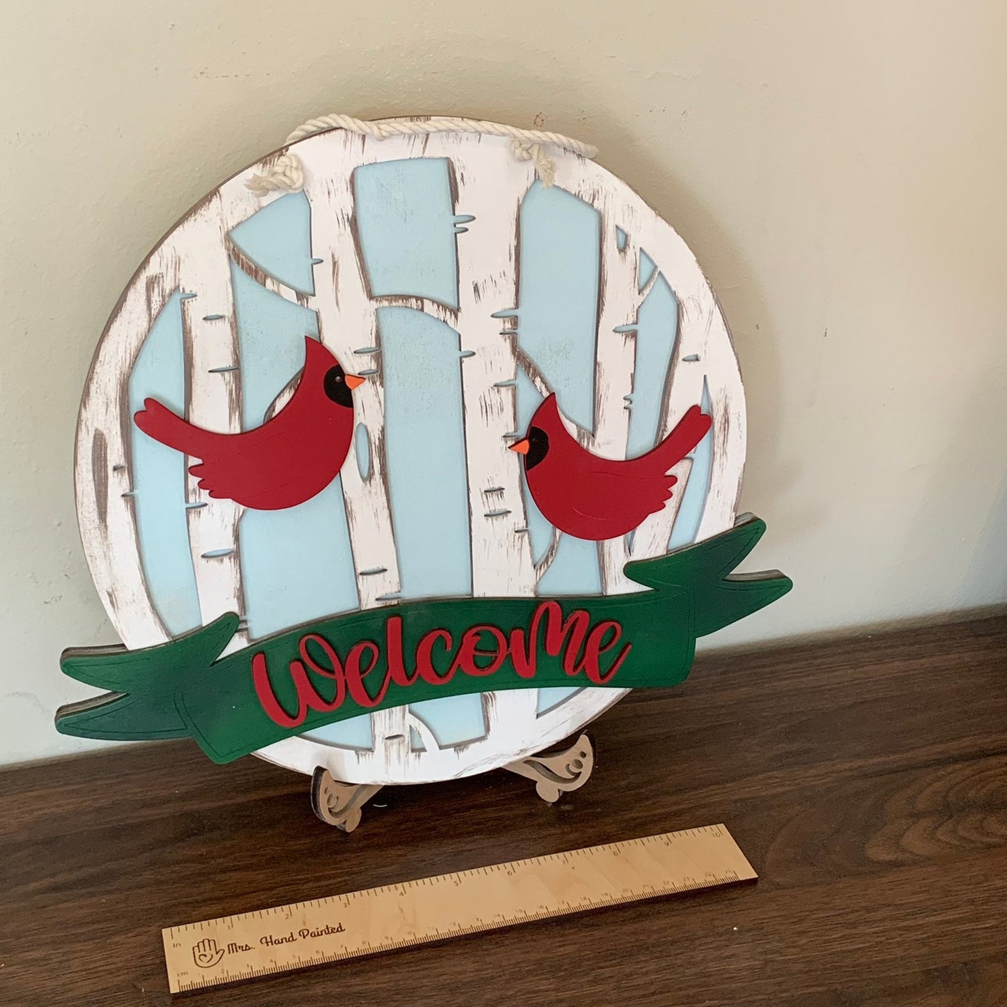 Laser Cut Wood Cardinal in Birch Trees Door Hanger Sign