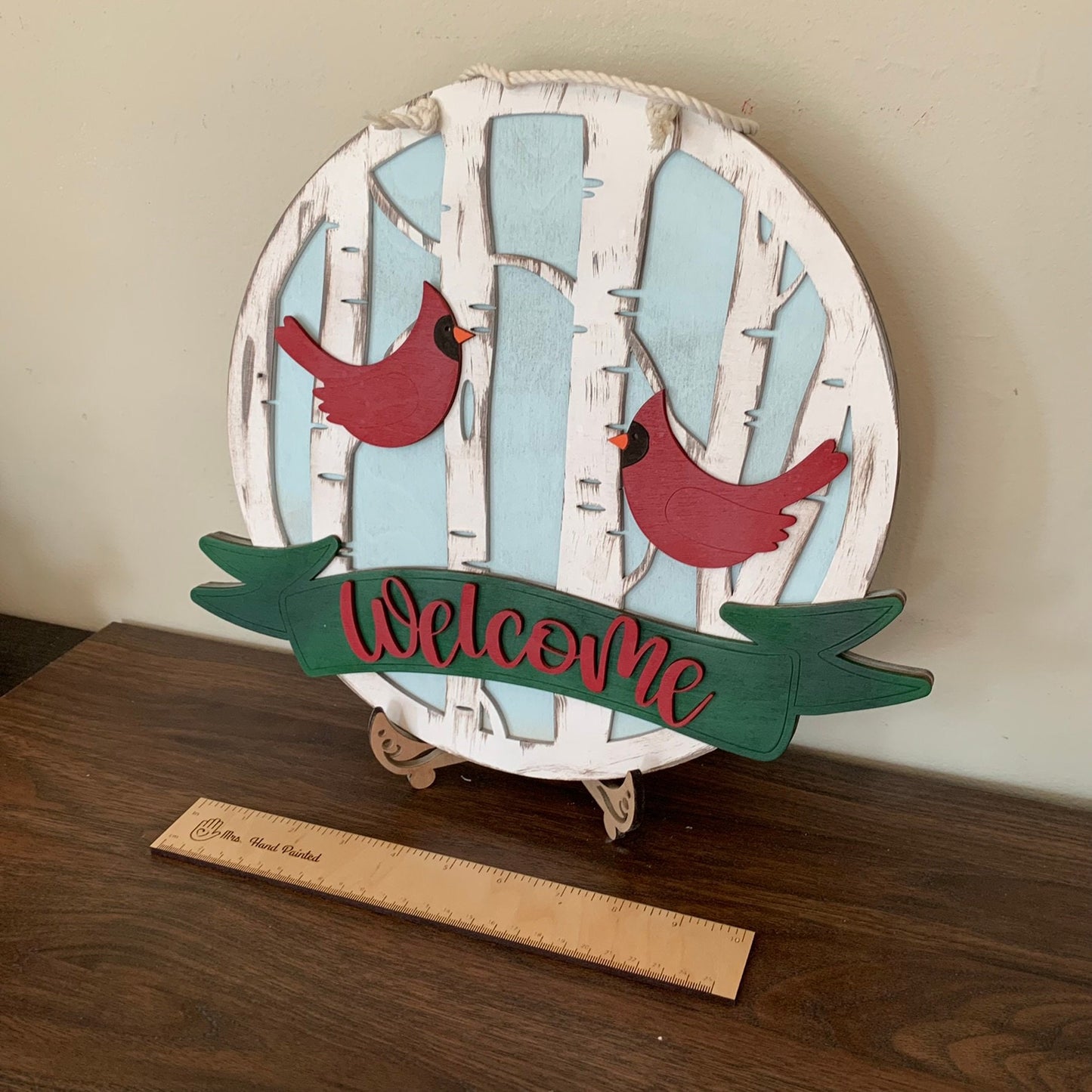 Laser Cut Wood Cardinal in Birch Trees Door Hanger Sign