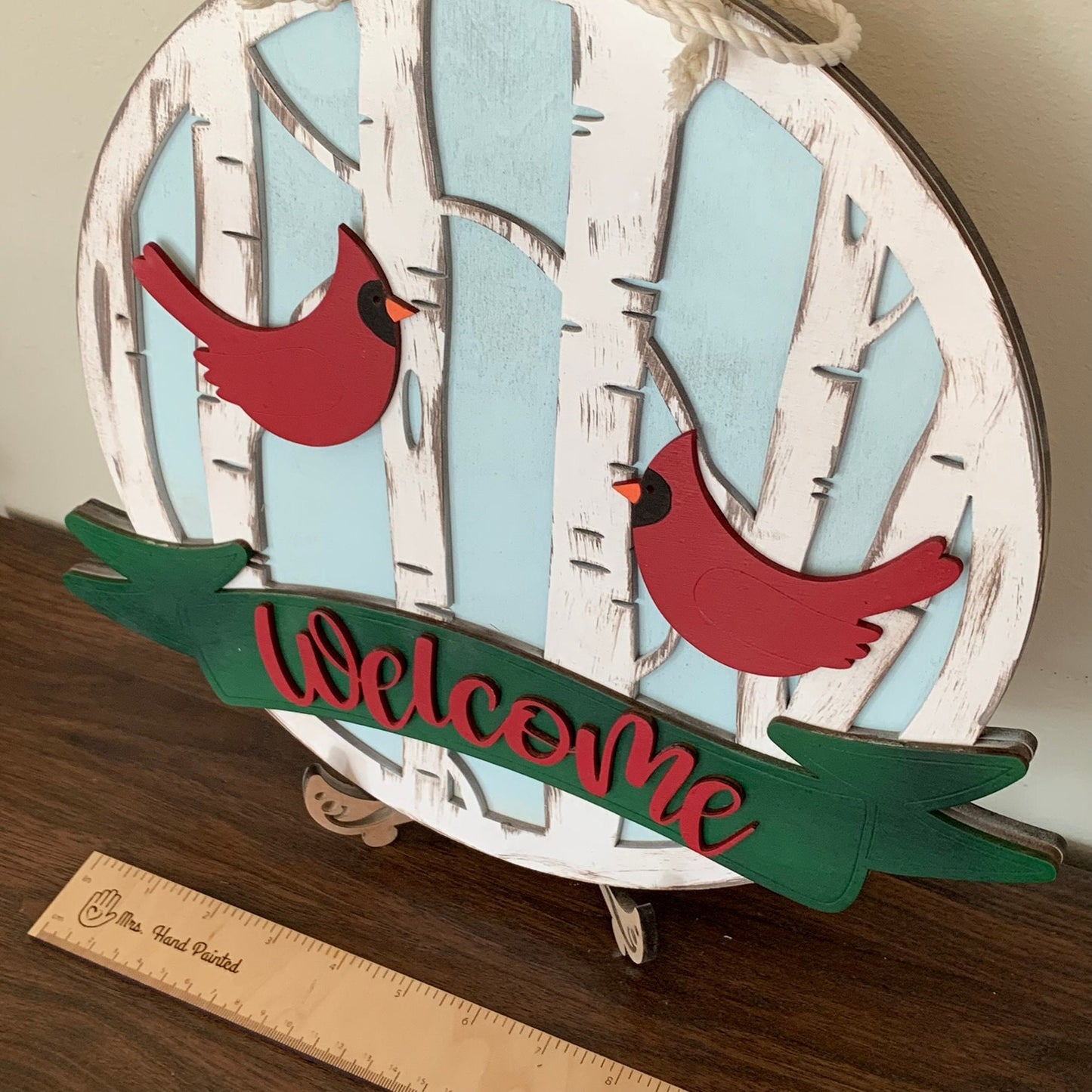 Laser Cut Wood Cardinal in Birch Trees Door Hanger Sign