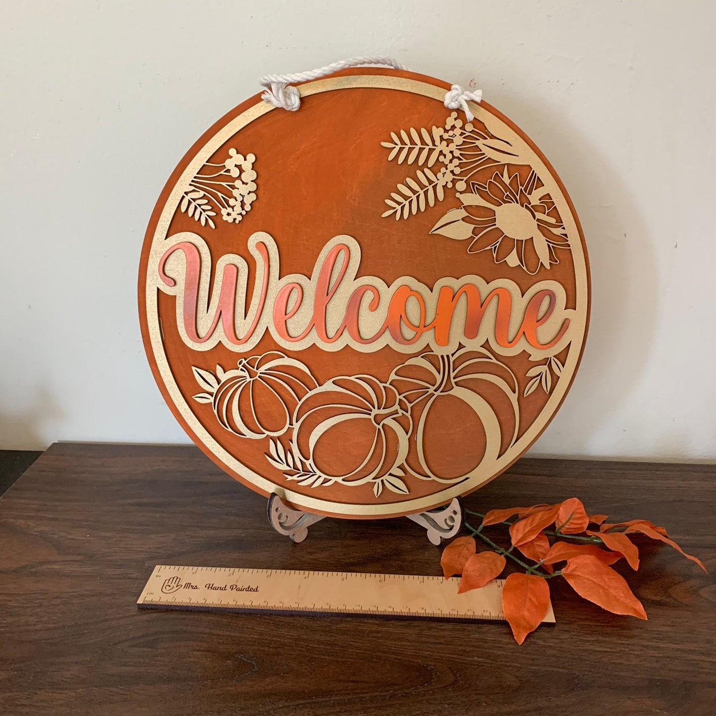 Laser Cut Wood Gold Pumpkin Wreath Welcome Sign - Fall Door Hanger