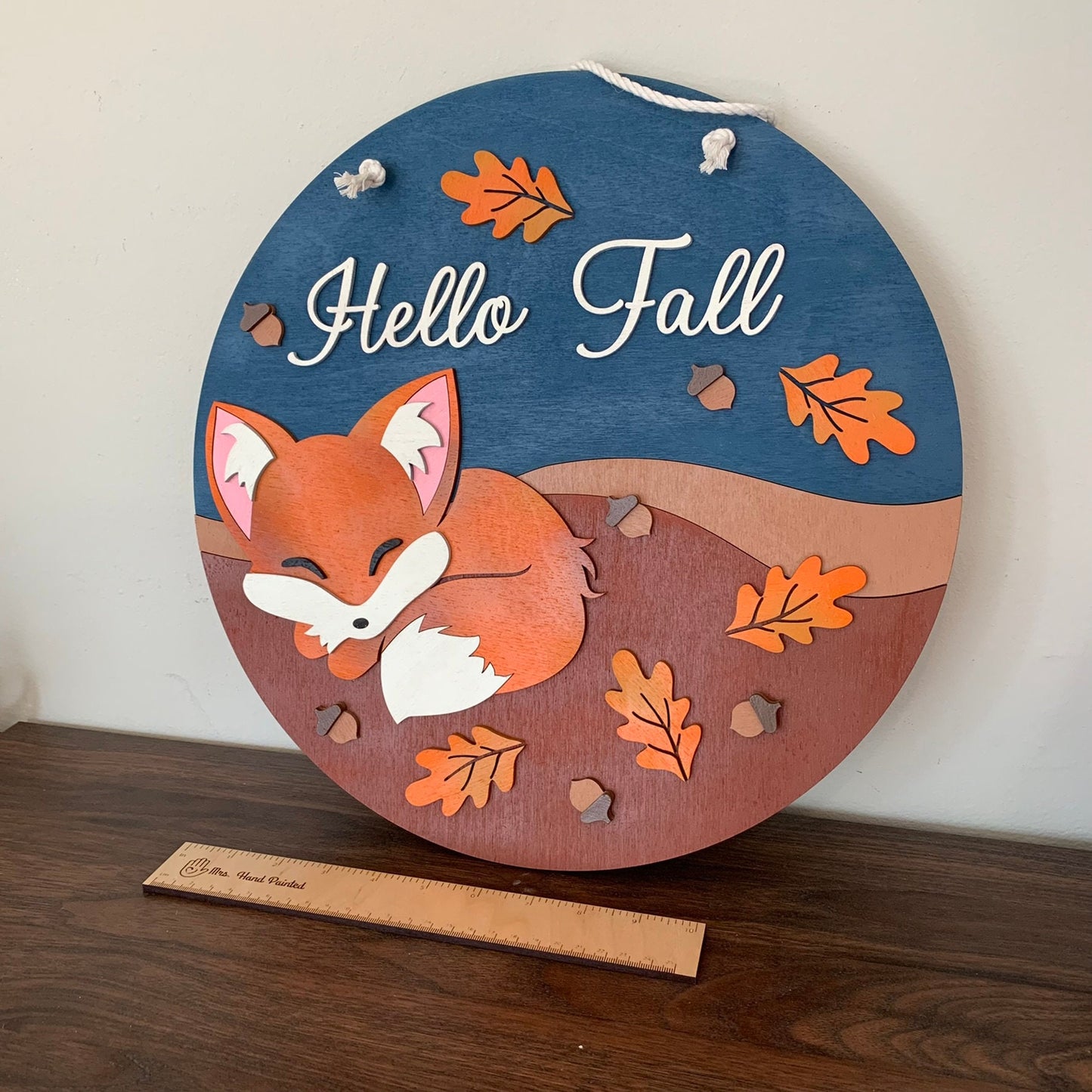 Laser Cut Wood Hello Fall with Sleeping Fox - Fall Door Hanger Sign