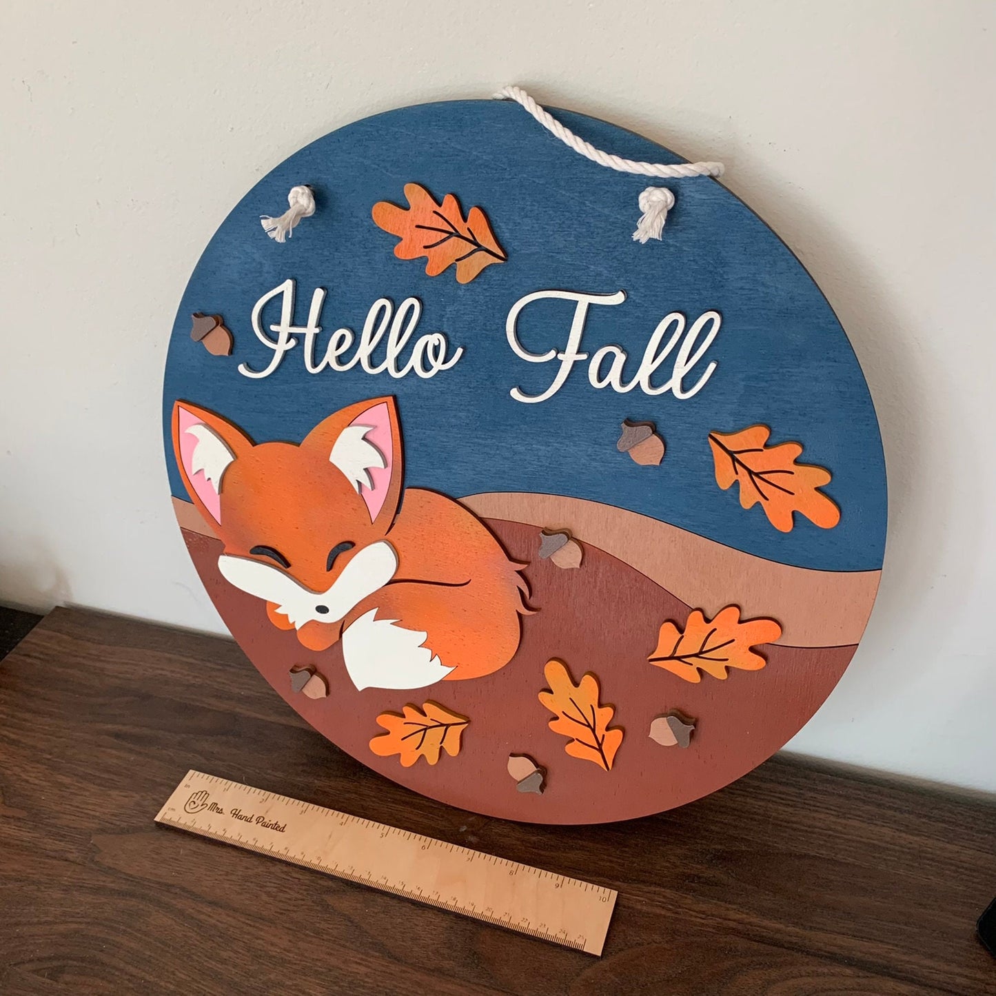 Laser Cut Wood Hello Fall with Sleeping Fox - Fall Door Hanger Sign