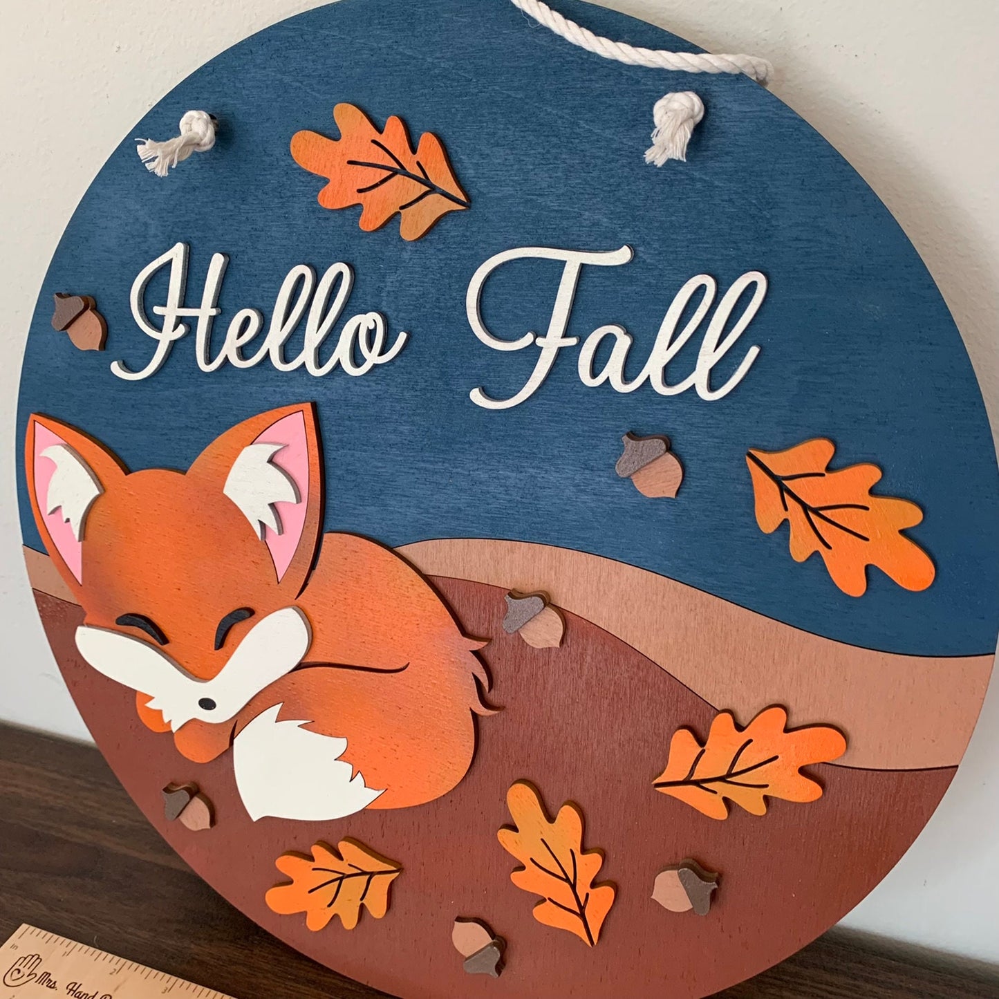 Laser Cut Wood Hello Fall with Sleeping Fox - Fall Door Hanger Sign