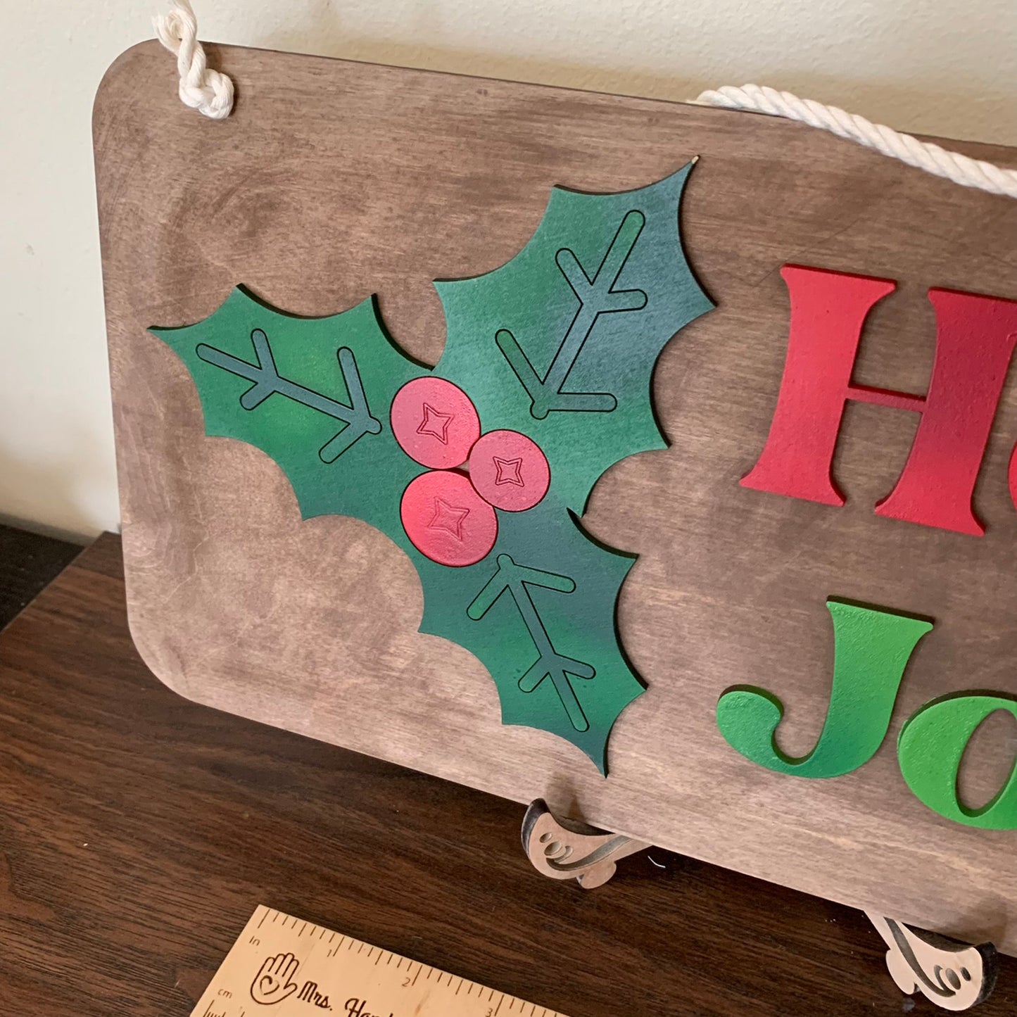 Laser Cut Wood Retro Holly Jolly with Holly Christmas Door Hanger Sign