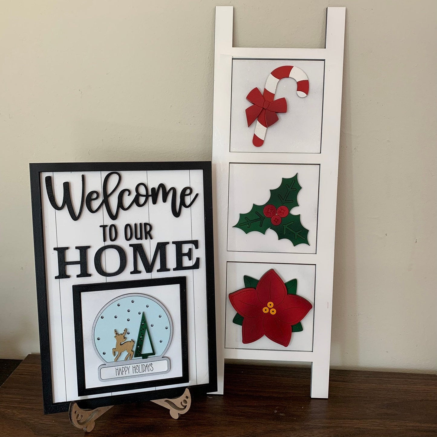 Christmas Holly, Candy Cane, Poinsettia and Snow Globe Interchangeable Signs - Laser Cut Wood Painted