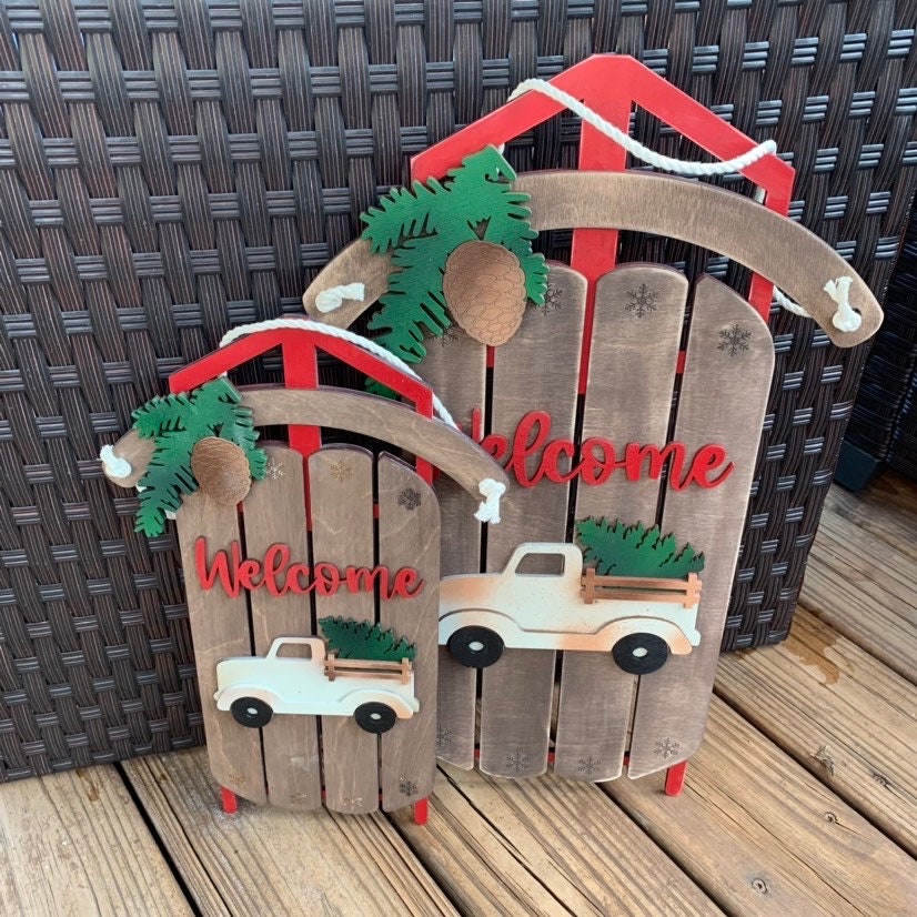 Wood Vintage Truck with Christmas Tree Sled Sign