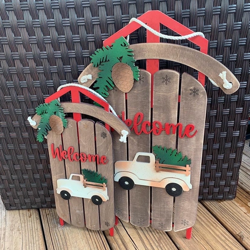 Wood Vintage Truck with Christmas Tree Sled Sign