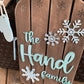 Snowflakes and Mittens Family Name Laser Cut Wood Sled Sign