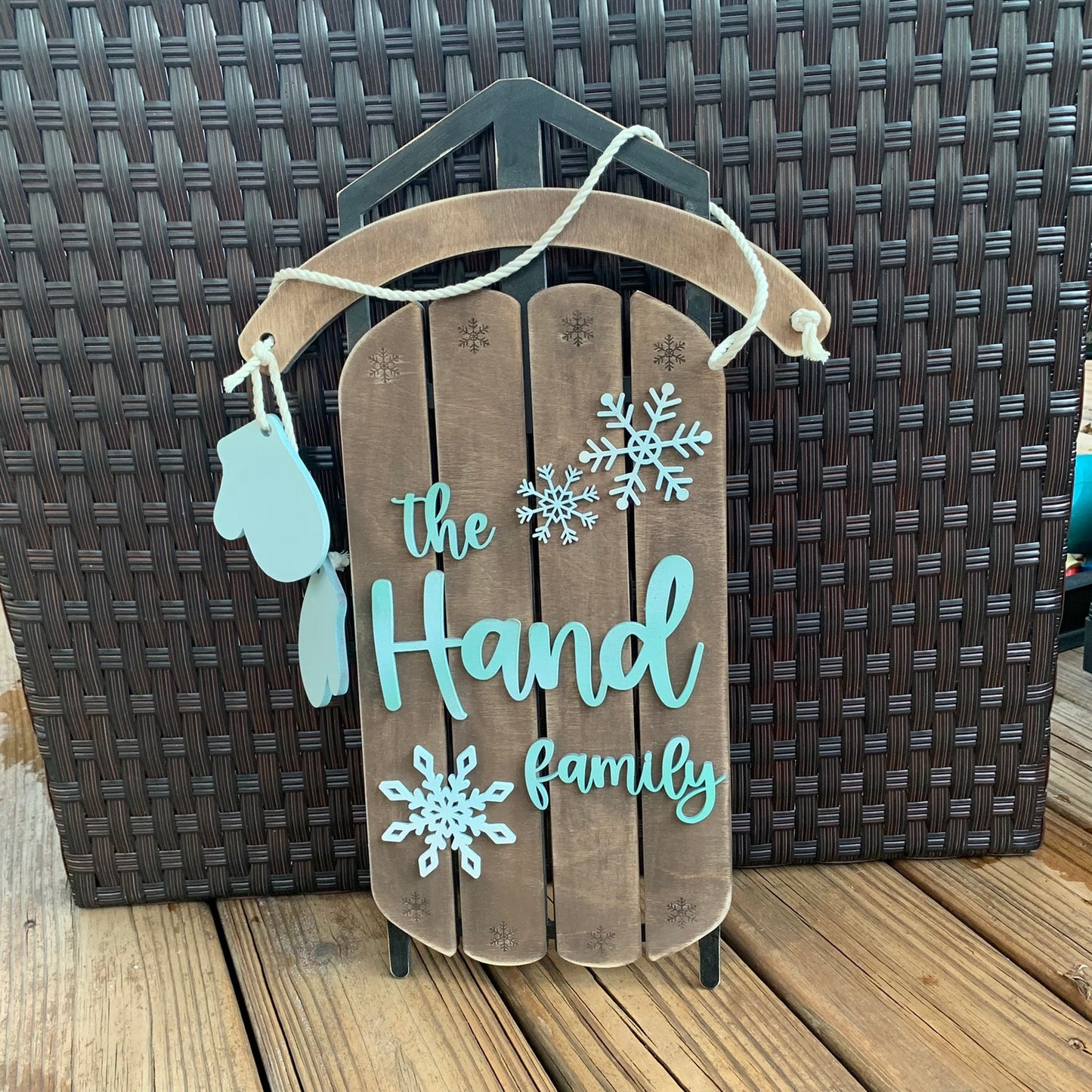 Snowflakes and Mittens Family Name Laser Cut Wood Sled Sign