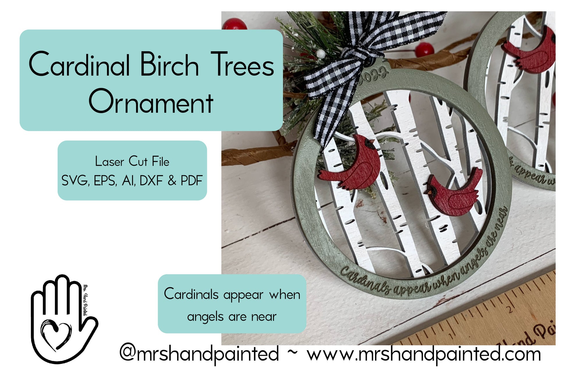 Digital Cut File - Laser Cut Ornament - Cardinal Birch Trees