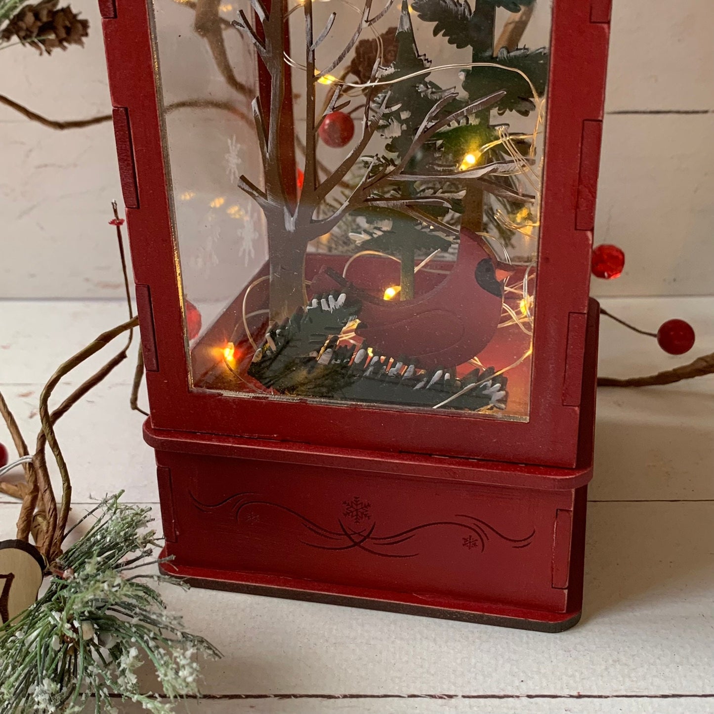 3D Laser Cut Wood Lighted Holiday Cardinal Lantern
