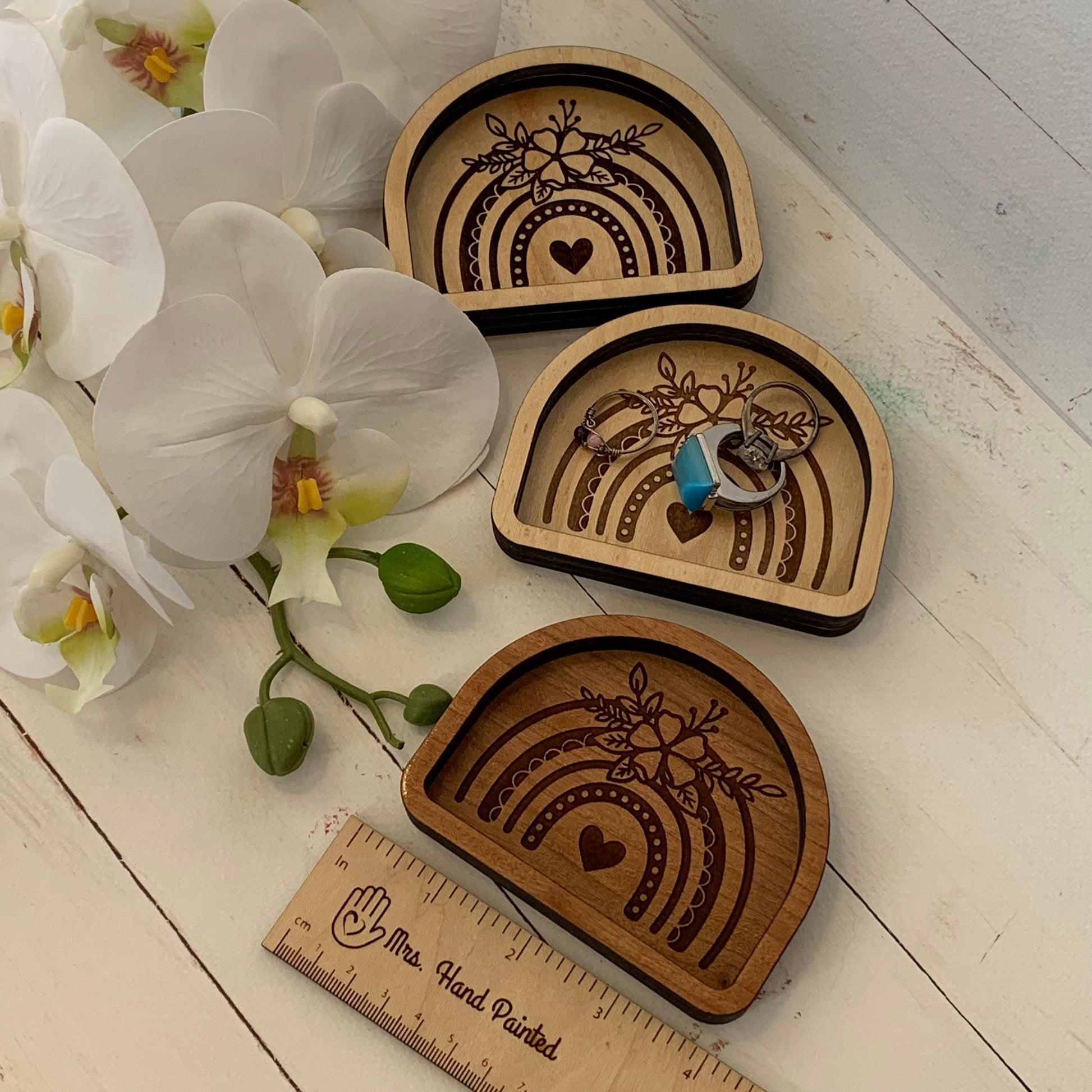 Laser Engraved Wood Boho Rainbow Trinket Tray - Valet Tray / Ring Dish